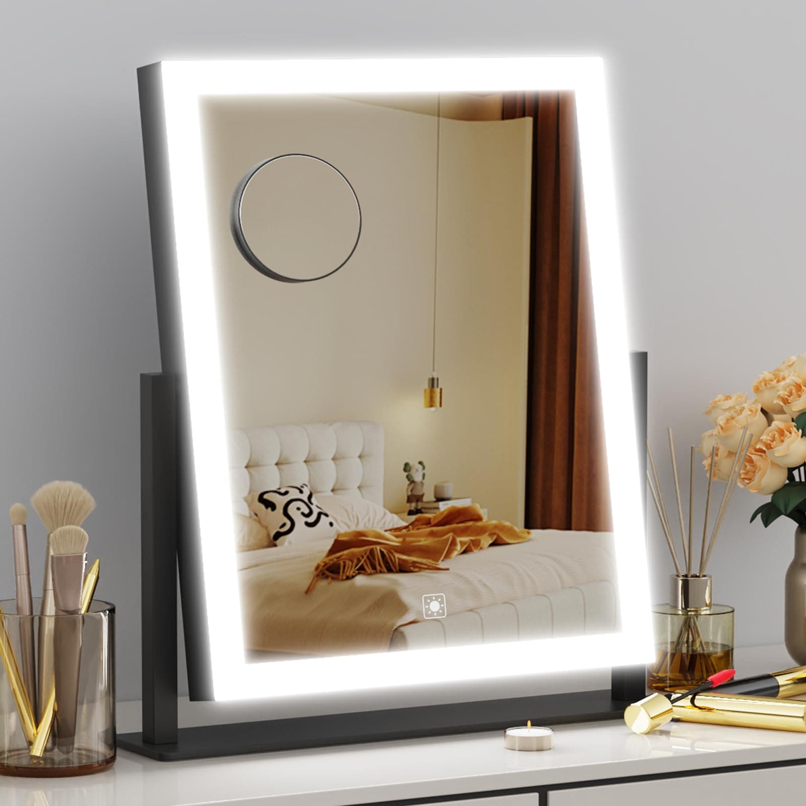 Lighted Makeup Mirror, Hollywood Vanity Mirror with Lights, Three Color Lighting Modes, and Detachable 10X Magnification Mirror, Smart Touch Control, 360°Rotation (15.2in. Black)