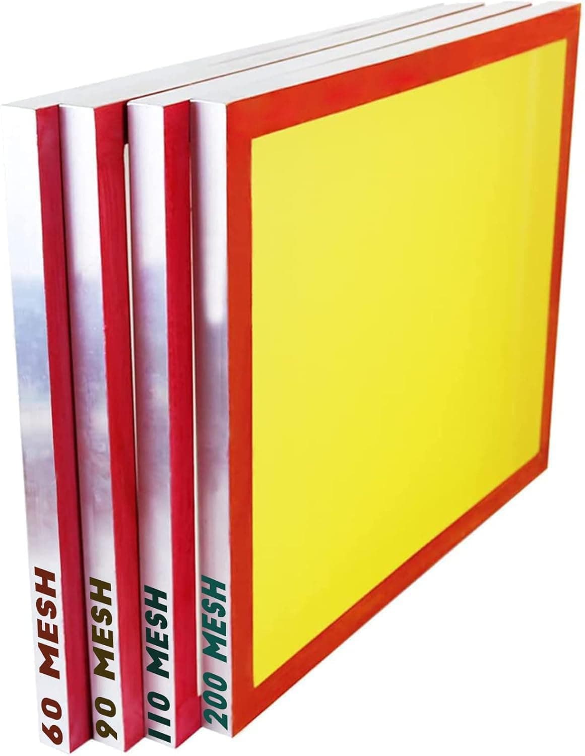 Dry Sift Screen Set (20 x 24) Aluminum Frame, 4 Mesh Sizes-60, 90, 110, 200 (Micron Equiv. 250, 165, 149, 75), 3 White 1 Yellow 4 Sq Ft