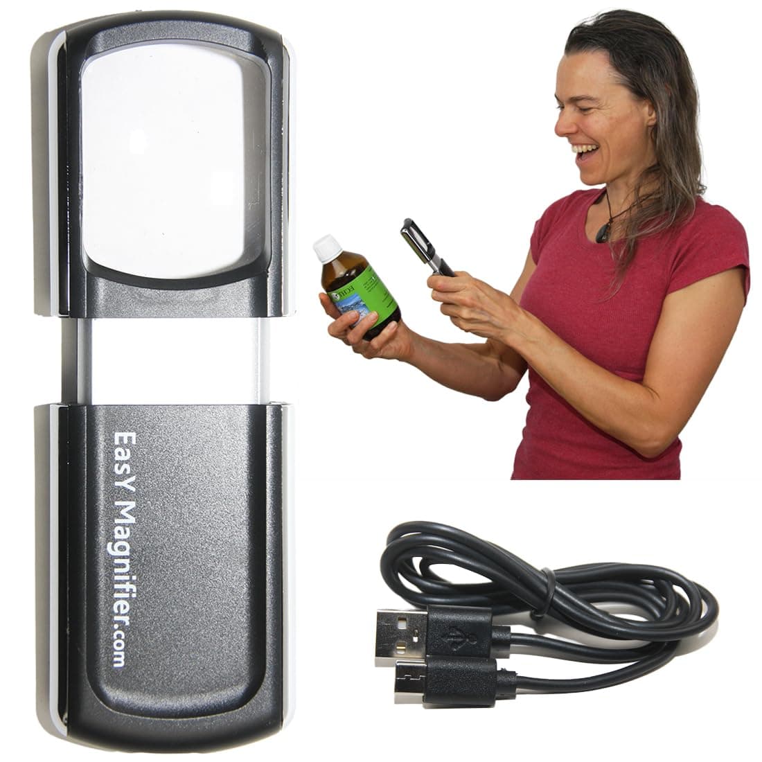 EasY Magnifier Small Rechargeable Magnifying Glass with LED Light 3.0X, Lighted Handheld Magnify Glasses for Reading Fine Prints & for Close Work; Gift for Elderly & Seniors with Low Vision