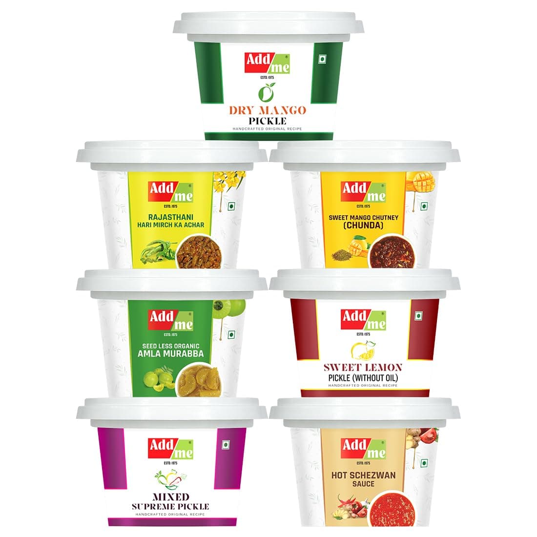 Add me Combo Trial Pack 7 in 1- Dry Mango Pickle 50gm | Rajasthani Hari Mirch ka achar 50gm | Sweet Mango Chutney Chunda 50gm | Seedless Amla Murabba 50gm | Sweet & Sour Lime Pickle 50gm | Mixed Supreme Pickle 50gm | Hot Schezwan Sauce 50gm | Total 350grams Gift Box