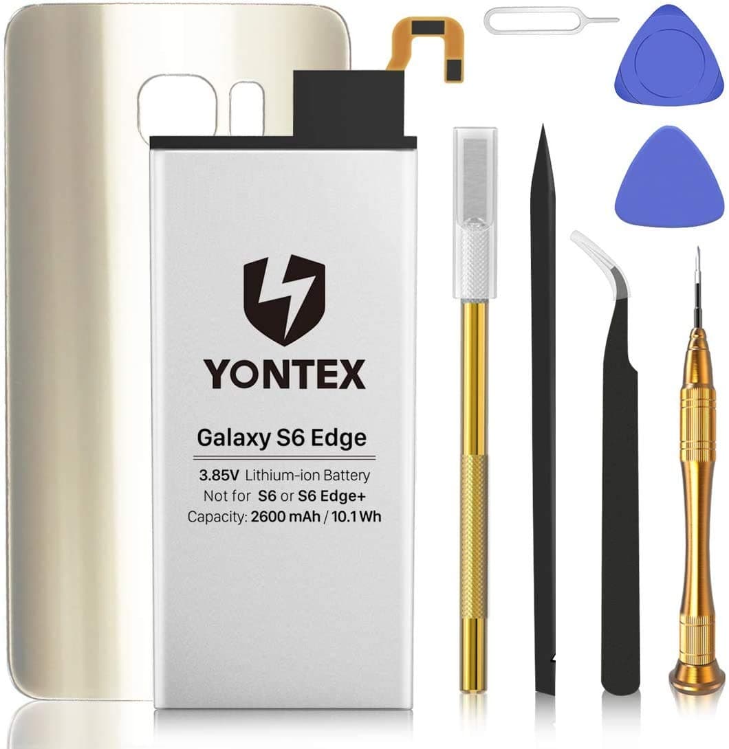 YONTEX Galaxy S6 Edge (Gold) Battery with Back Glass Replacement and Complete Repair Tool Kit, 2600mAh 0 Cycle Battery Replacement for Samsung Galaxy S6e - 24-Month Warranty
