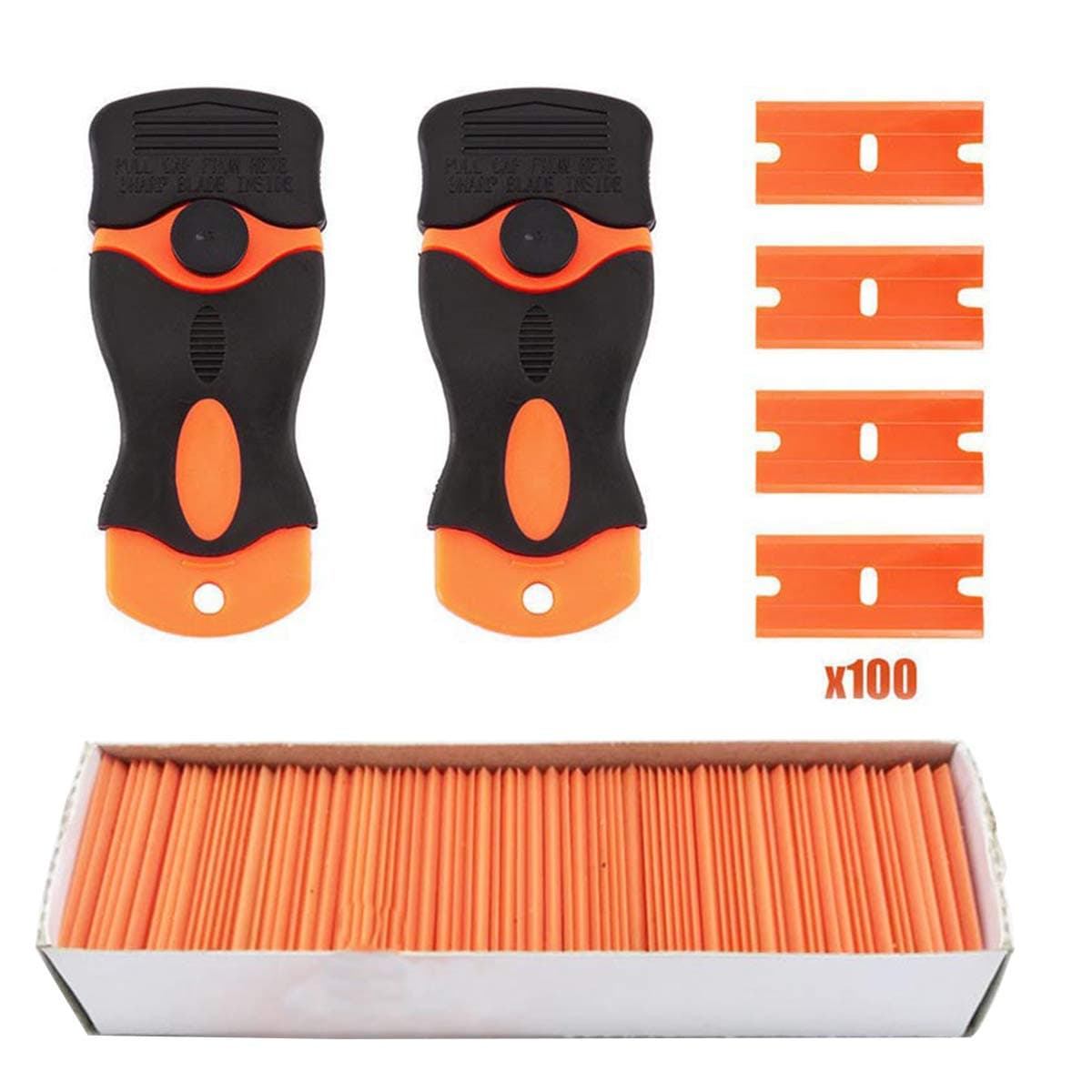 Delunna 2 Pack Plastic Razor Scrapers Knife with 100pcs Replacement Blades for Glass Removing Labels, Stickers, Window Cleaning