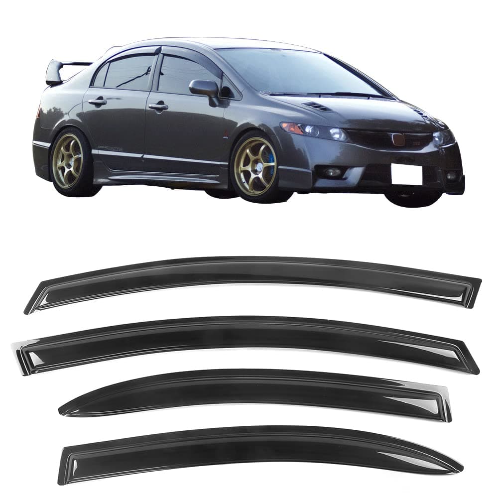 Tape on Window Visor Compatible With 2006-2011 Honda Civic Sedan Only, Slim Style Acrylic Smoke Tinted Sun Rain Wind Guards Shield Vent Wind Deflector by IKON MOTORSPORTS, 2007 2008 2009 2010