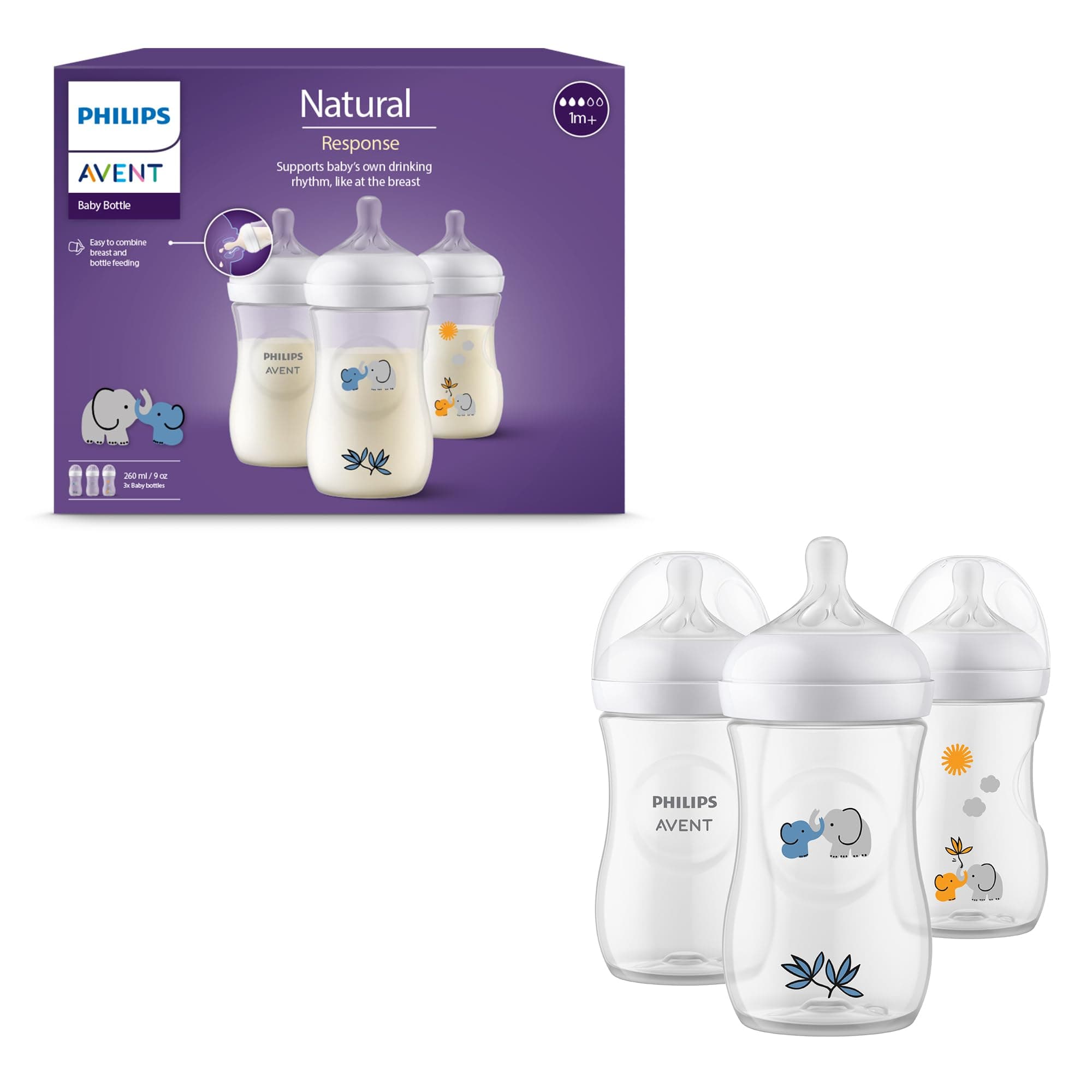 Philips Avent Natural Response Gift Set for Babies: 3 Natural Response Baby Bottles (260 ml) with T3 Teats (from 1 Month), SCY903/63