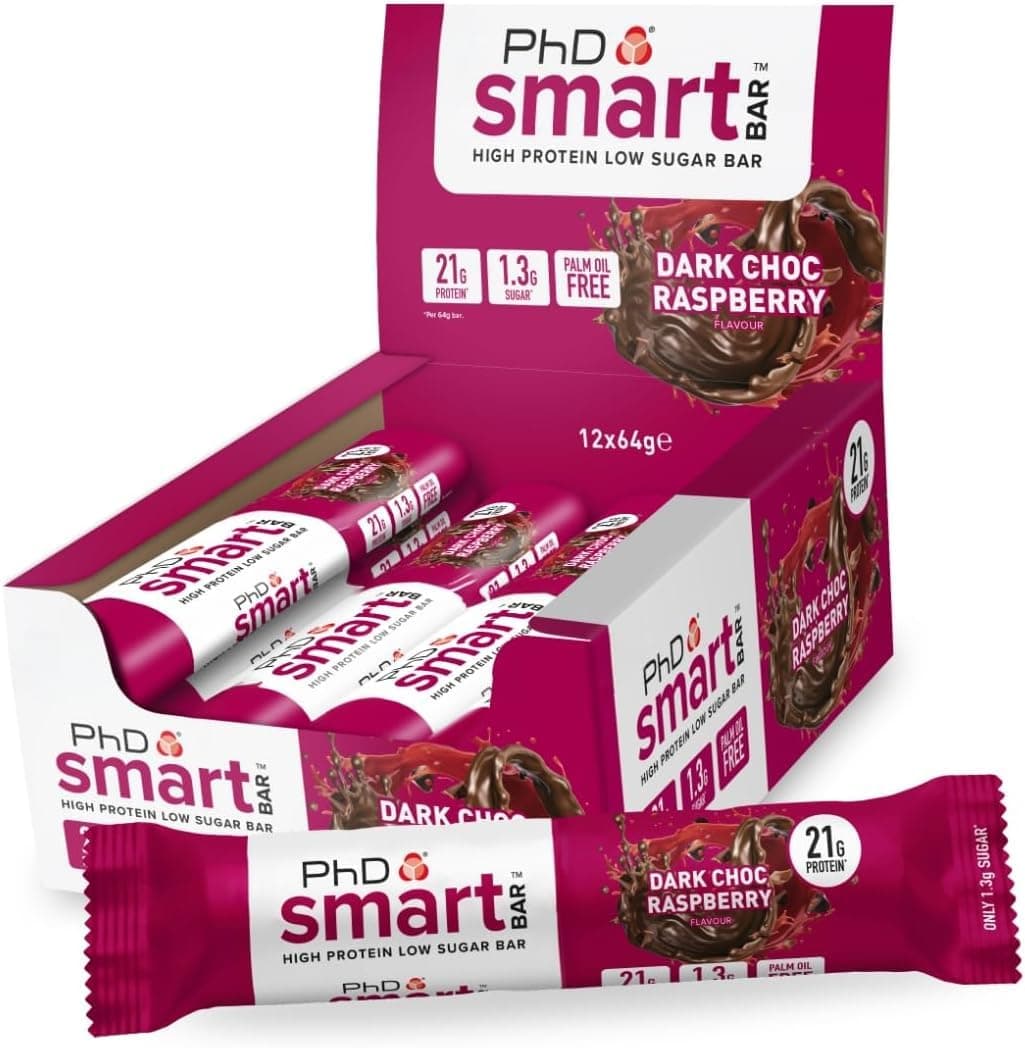PhD Nutrition Smart Protein Bars - 21g Protein, Low Calorie Snacks, Great Tasting High Protein Snacks & Low Sugar Healthy Snacks for Workout Recovery, Dark Chocolate Raspberry Flavour, 64g, 12 Pack