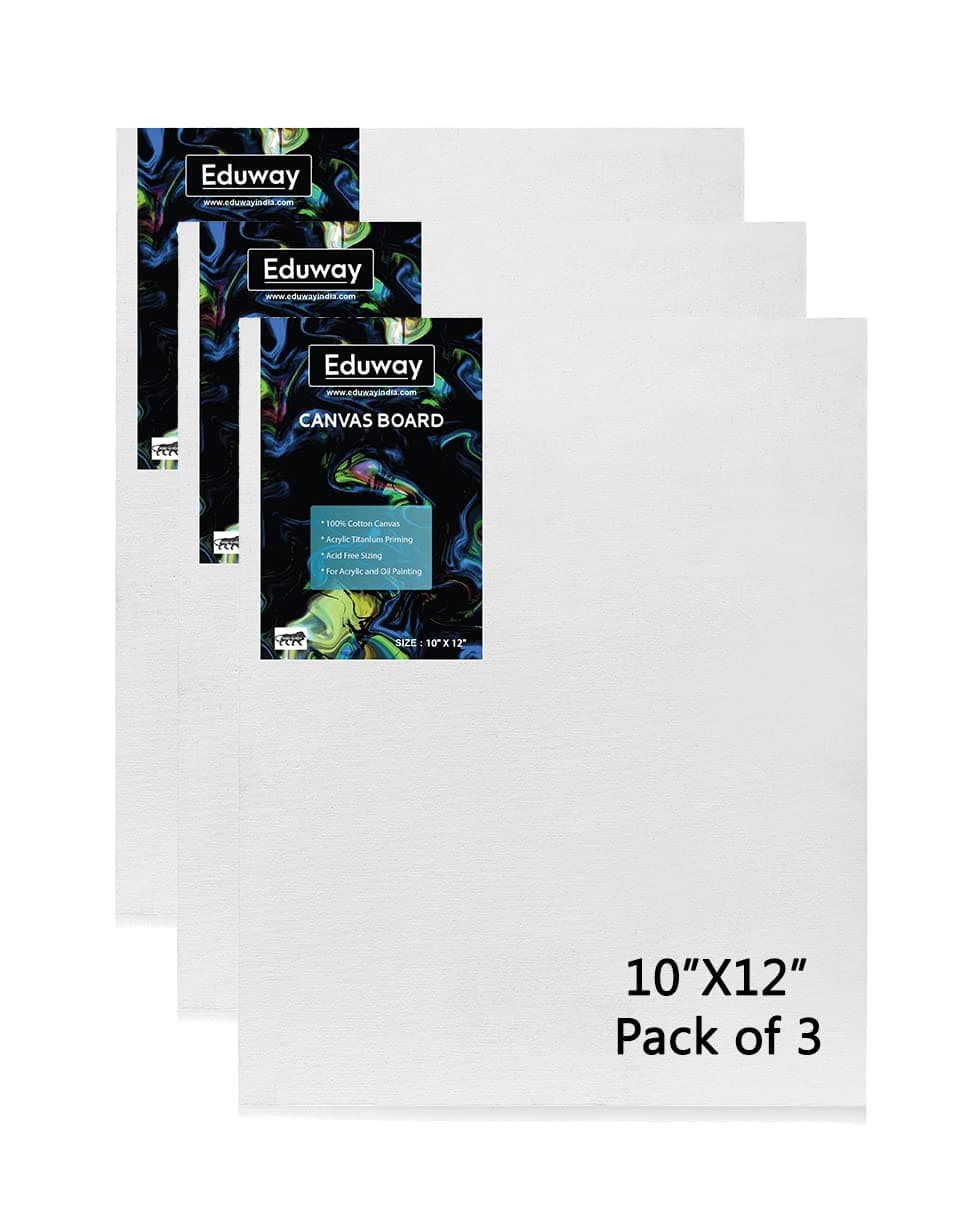 Eduway Medium Grain 10x12 inch Cotton Canvas Board- Pack of 3, (25x30 cms) with 4mm MDF Board Backing, for Painting
