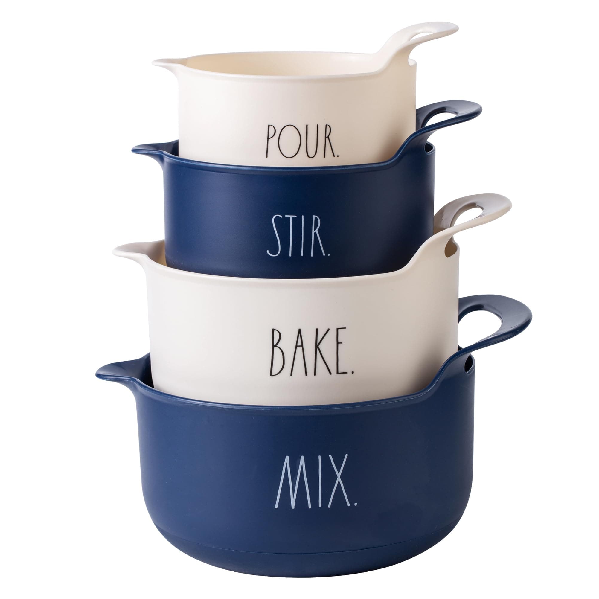 Rae Dunn Non-Slip Mixing Bowls - 4 Piece Nesting Plastic Mixing Bowl Set with Pour Spouts and Handles-Measurement Markings (Cream)