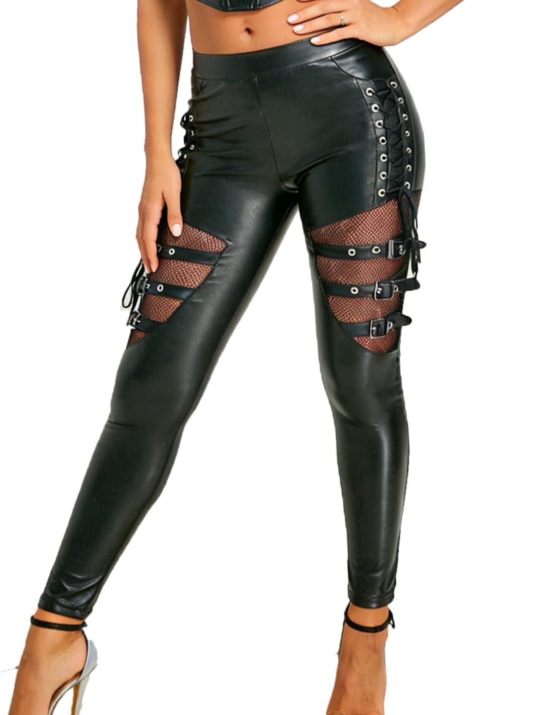 Fishnet Trim Lace Up PU Leather Pants Thin Lightweight Gothic Punk Leggings for Women