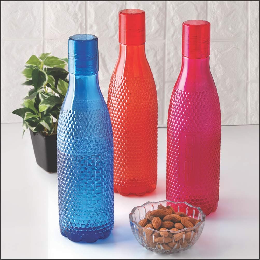 Visual Honeycomb F2GO Plastic Water Bottle,1 LTR,Set of 3,Assorted