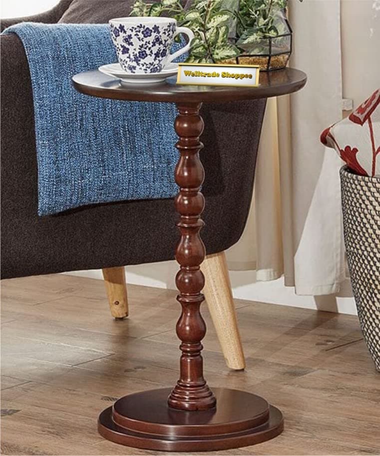 Technomore Round Table Wooden with Single Pillar, Modern Round Coffee Table, Glossy Finish Night Stand, Coffee Table Wood - Living Room End Table for Magazines, Books and Plants-Walnut