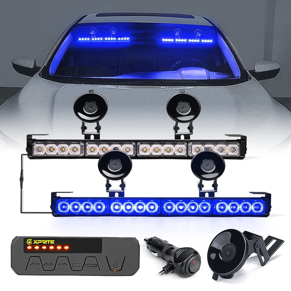 Xprite LED Emergency Traffic Advisor Strobe Dual Light Bar Windshield Visor Deck Safety Hazard Warning Flashing Light Bar with Control Box for Police Volunteer Firefighter Vehicle Truck Blue