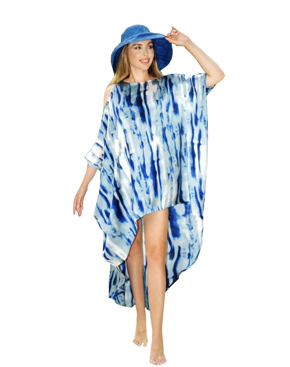 JSDC Tie Dye Print Beautiful Cotton Blend Tunic Style Short Kaftan for Women Blue
