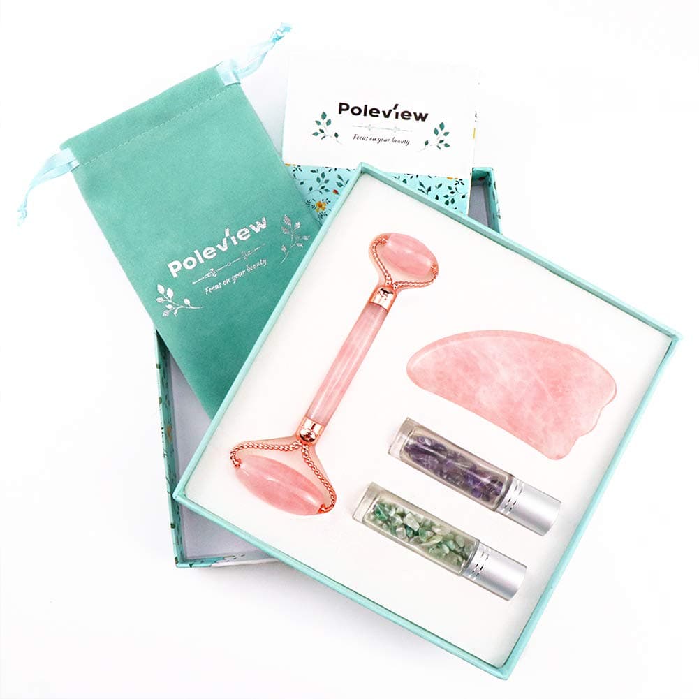 Jade Roller Natural Rose Quartz Roller with Essential Oil Jade Roller Bottle for Skincare Face Eye Neck Slimming & Firming Rejuvenate Skin Christmas Gift