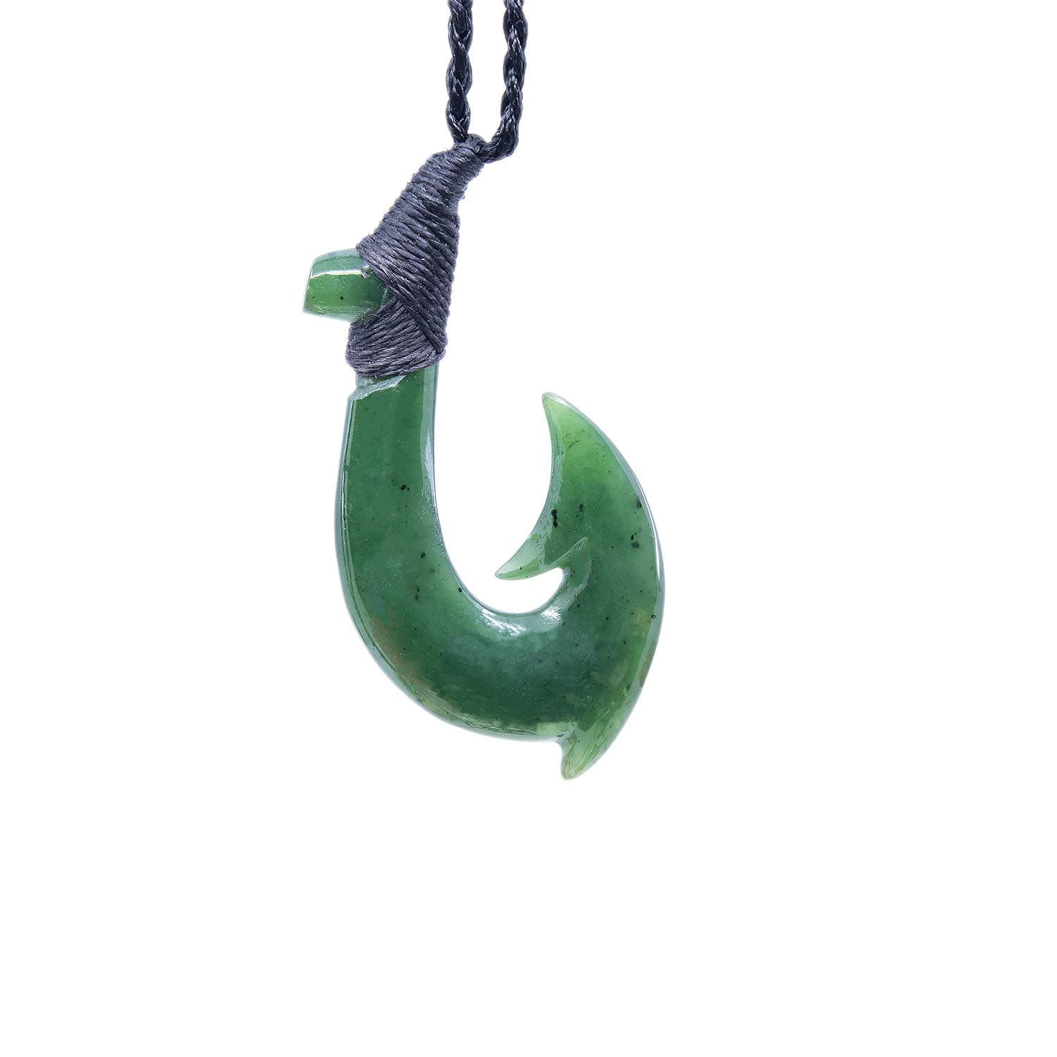 Hand Carved Genuine Nephrite Jade Extra Large Fish Hook Necklace
