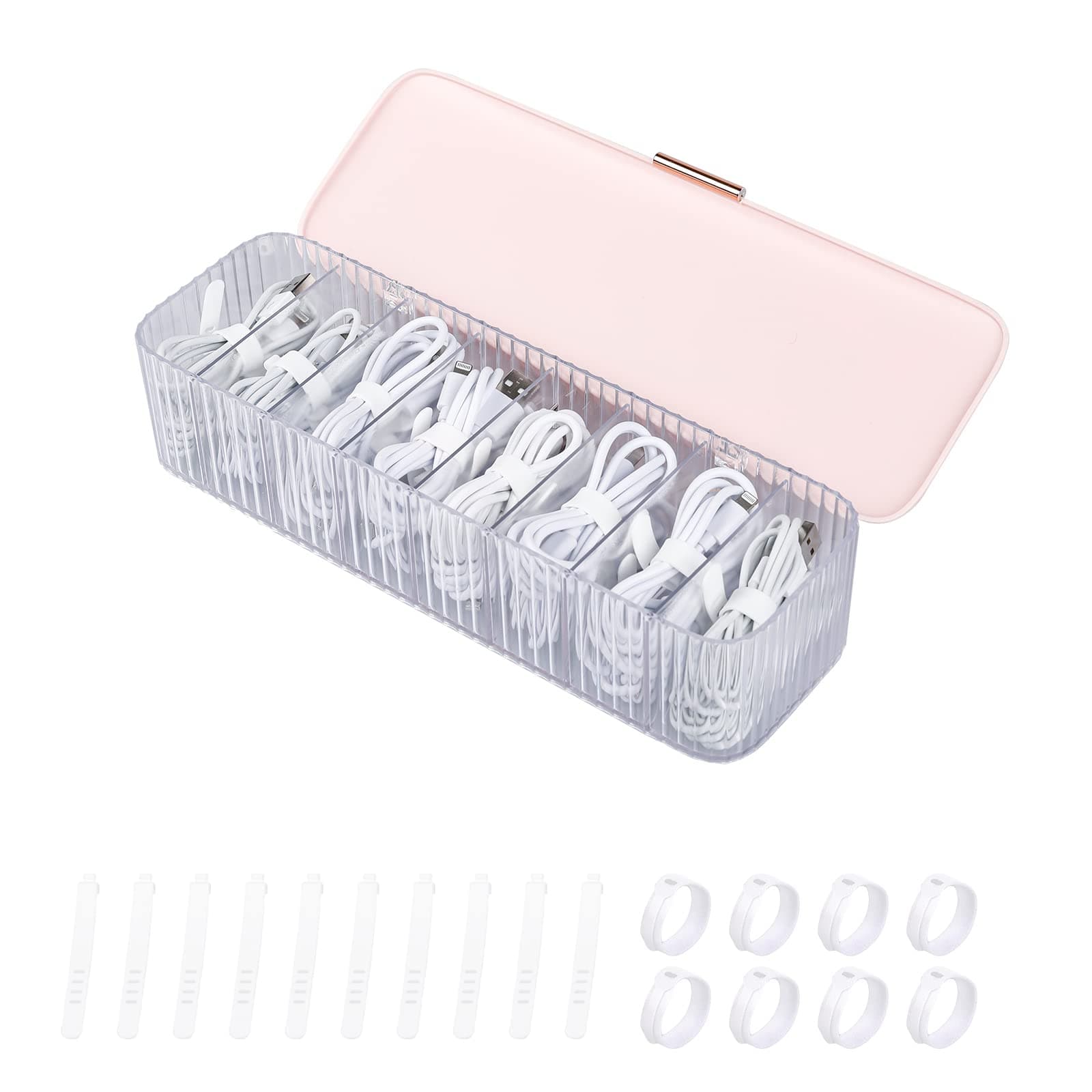 Yesesion Plastic Cable Management Box with Lid and 10 Wire Ties, Portable Clear Cord Storage Organizer with 8 Compartments, Electronics Bins Desk Accessories Case for Office Supply, Paper Clips(Pink)