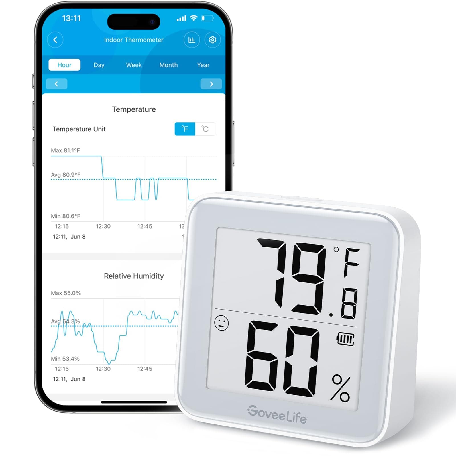 GoveeLife E-Ink Bluetooth Thermometer Hygrometer, Smart Digital Indoor Wireless Temperature Humidity Sensor with Alert, Free Data Storage Export, for Home Room Greenhouse Wall, 1 Pcak (with Battery)