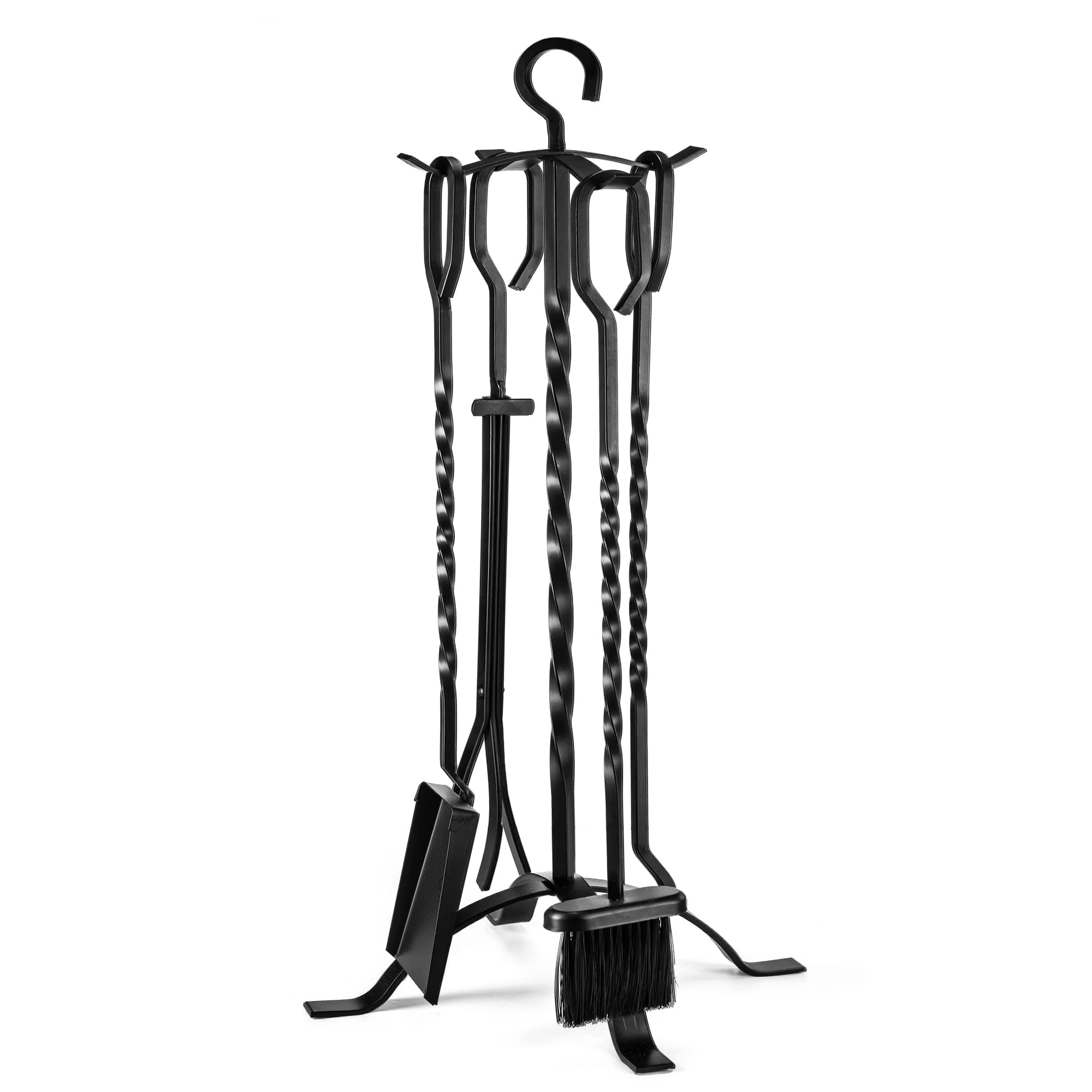 Delxo 5pcs Fireplace Tool Set Black Cast Iron Fire Place Tool Set with Log Holder Fire Pit Stand Rustic Tongs Shovel Antique Broom Chimney Poker Wood Stove Hearth Accessories
