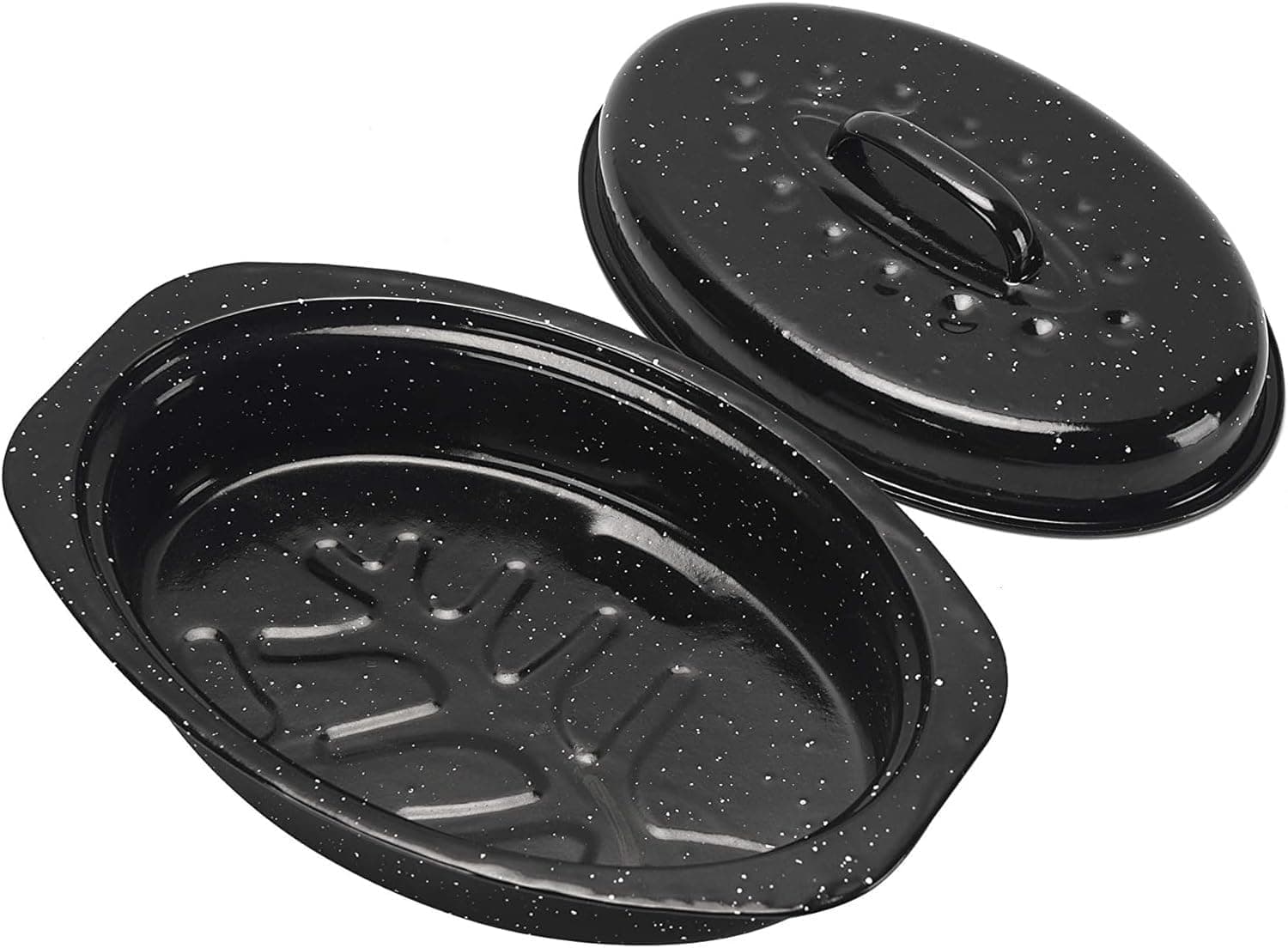 13 Inch Small Roasting Pan with Lid - Covered Oval Roaster - Enamel Carbon Steel Roaster Pot - Excellent Heat Distribution and Non-sticky - for Turkey Chicken Meat & Vegetables