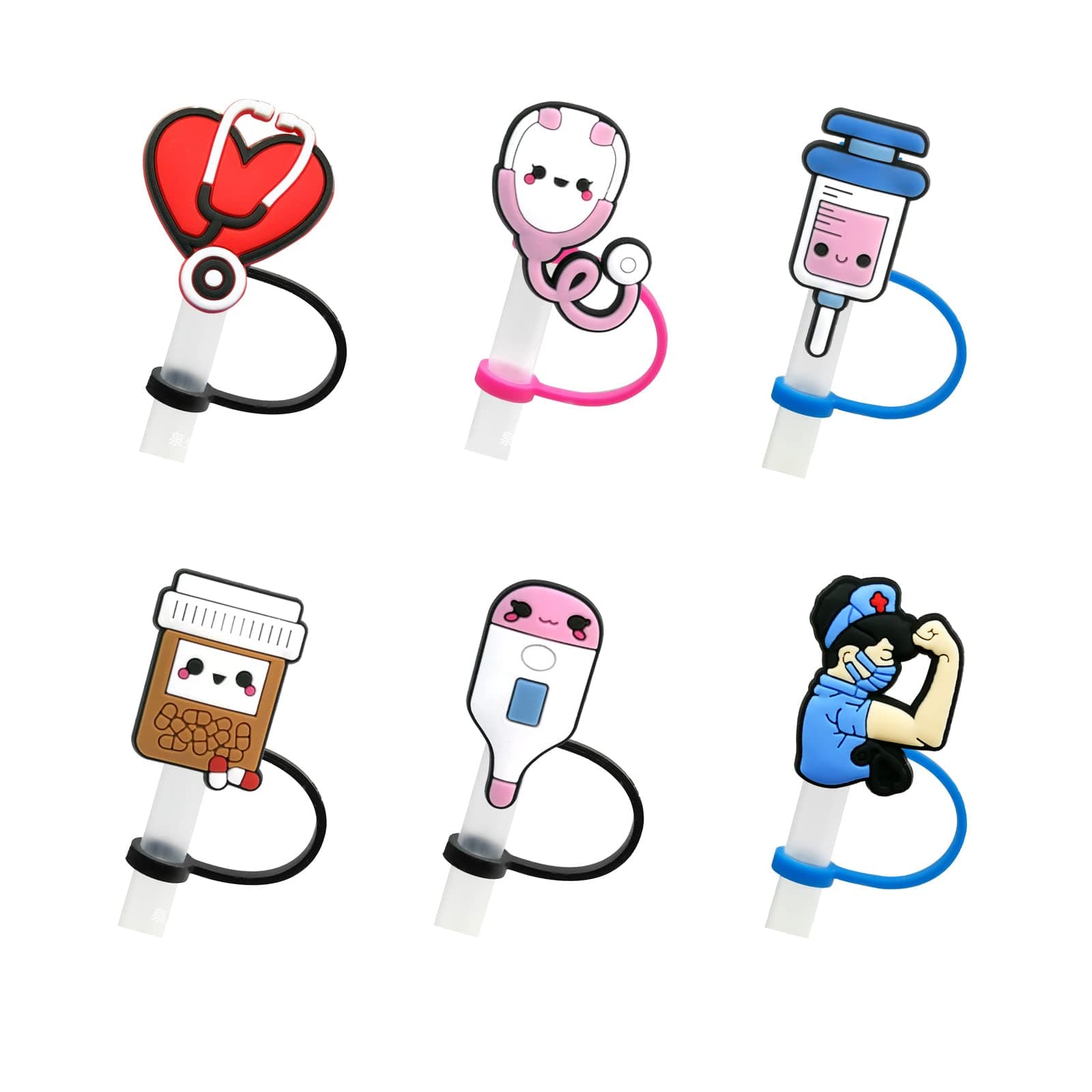 6Pcs Silicone Straw Tip Covers, Dust Proof Toppers for 6-8mm Straws - Nurse Theme