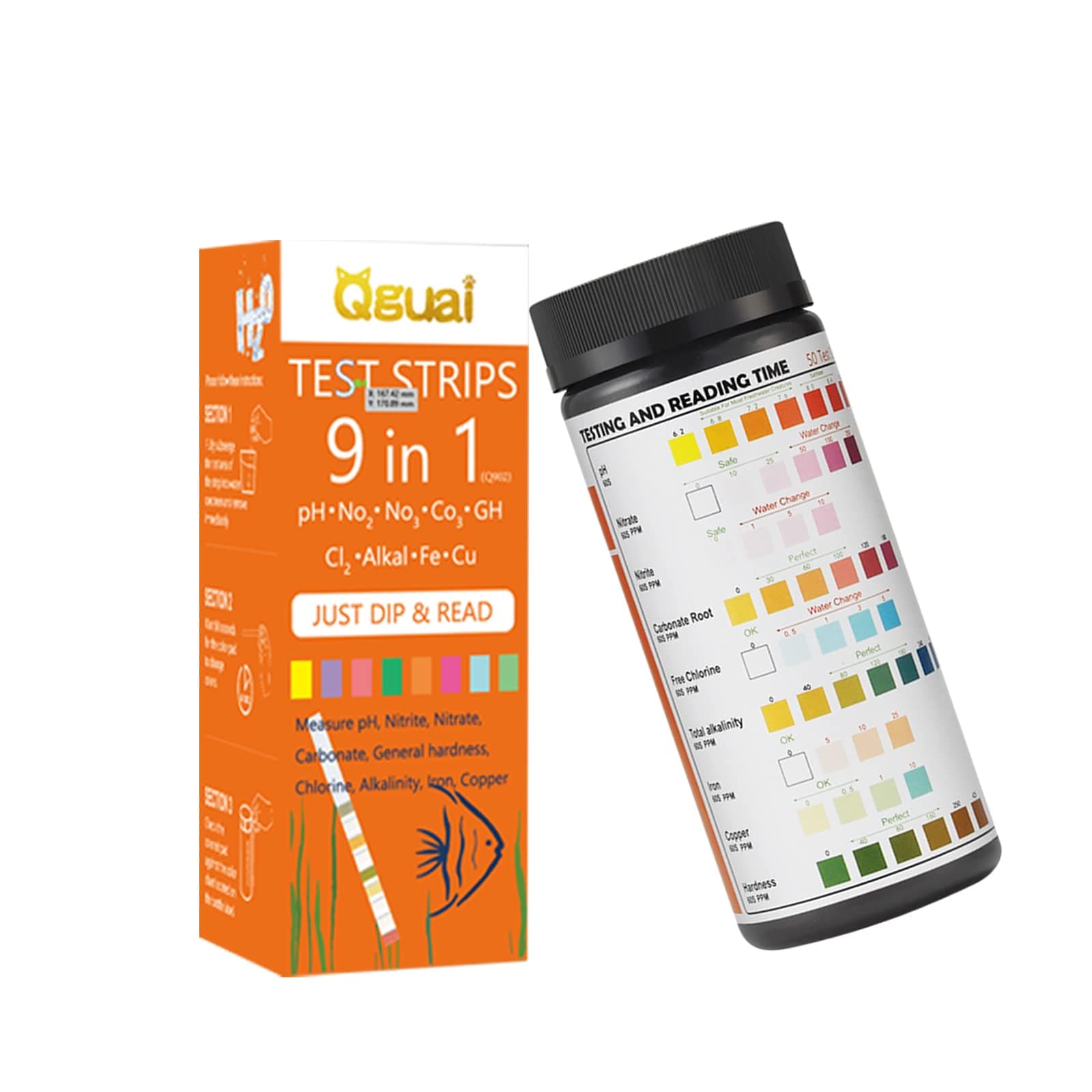 Qguai 9 in 1 Aquarium Test Strips, Water Test Strips for Saltwater Freshwater Pond Pool Spa, Test pH, Nitrate, Nitrite, Carbonate, Chlorine, Alkalinity, Hardness, Fast and Accurate,50-Strips