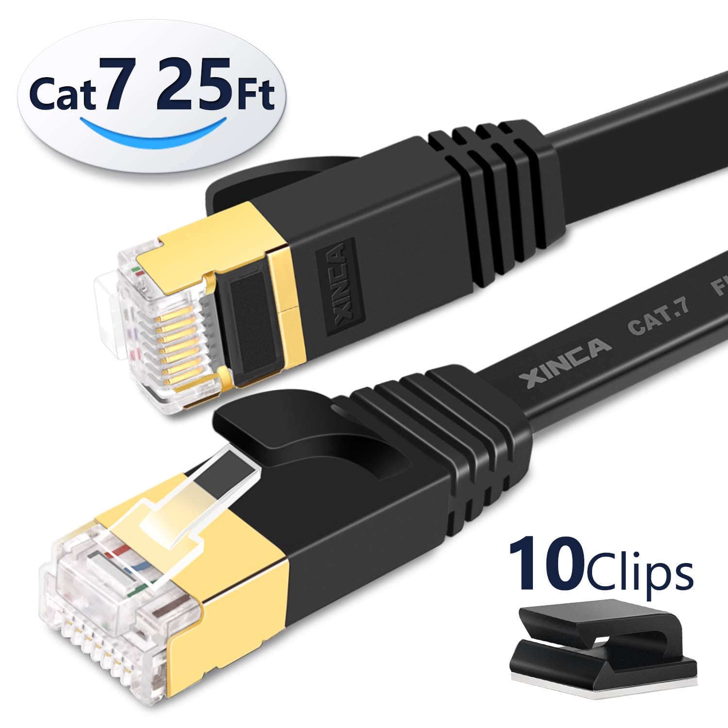 Cat 7 Flat Ethernet Cable 25ft Black, High Speed 10GB Shielded (STP) LAN Internet Network Cable-XINCA Ethernet Patch Computer Cable with Rj45 Connectors and 10pcs Adhesive Cable Clips
