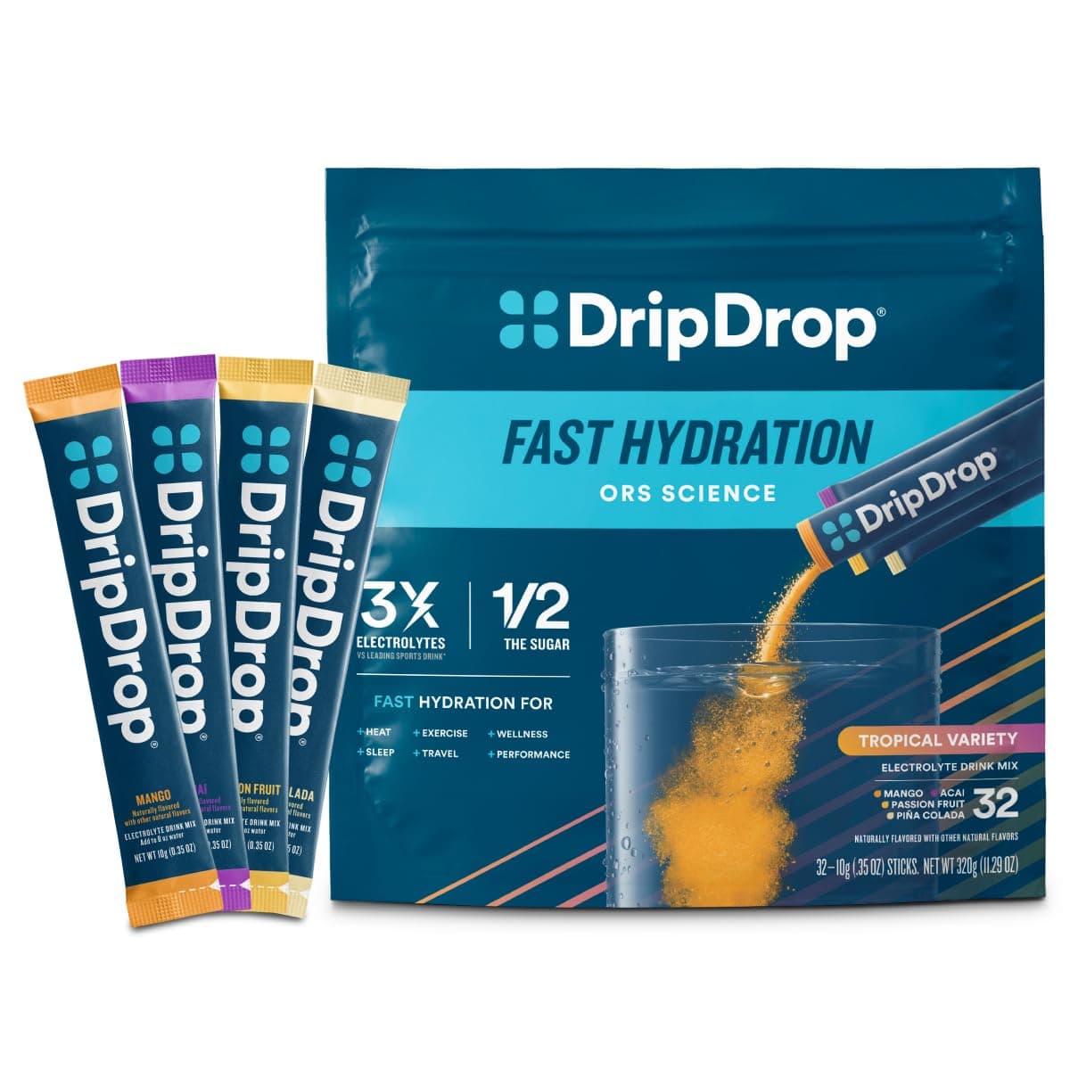 Hydration Packets - Tropical Variety Pack - Single Serve Electrolytes Powder Drink Mix - Mango, Açaí, Passion Fruit, Piña Colada - Non-GMO, Gluten Free, Vegan - 32 Sticks