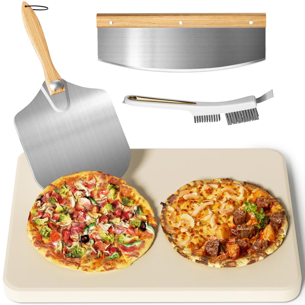 Gyreuni 4 PCS Rectangle Pizza Stone Set, 20" Large Pizza Stone for Oven and Grill with Pizza Peel, Pizza Cutter & Brush, Baking Stone for Pizza, Bread,BBQ