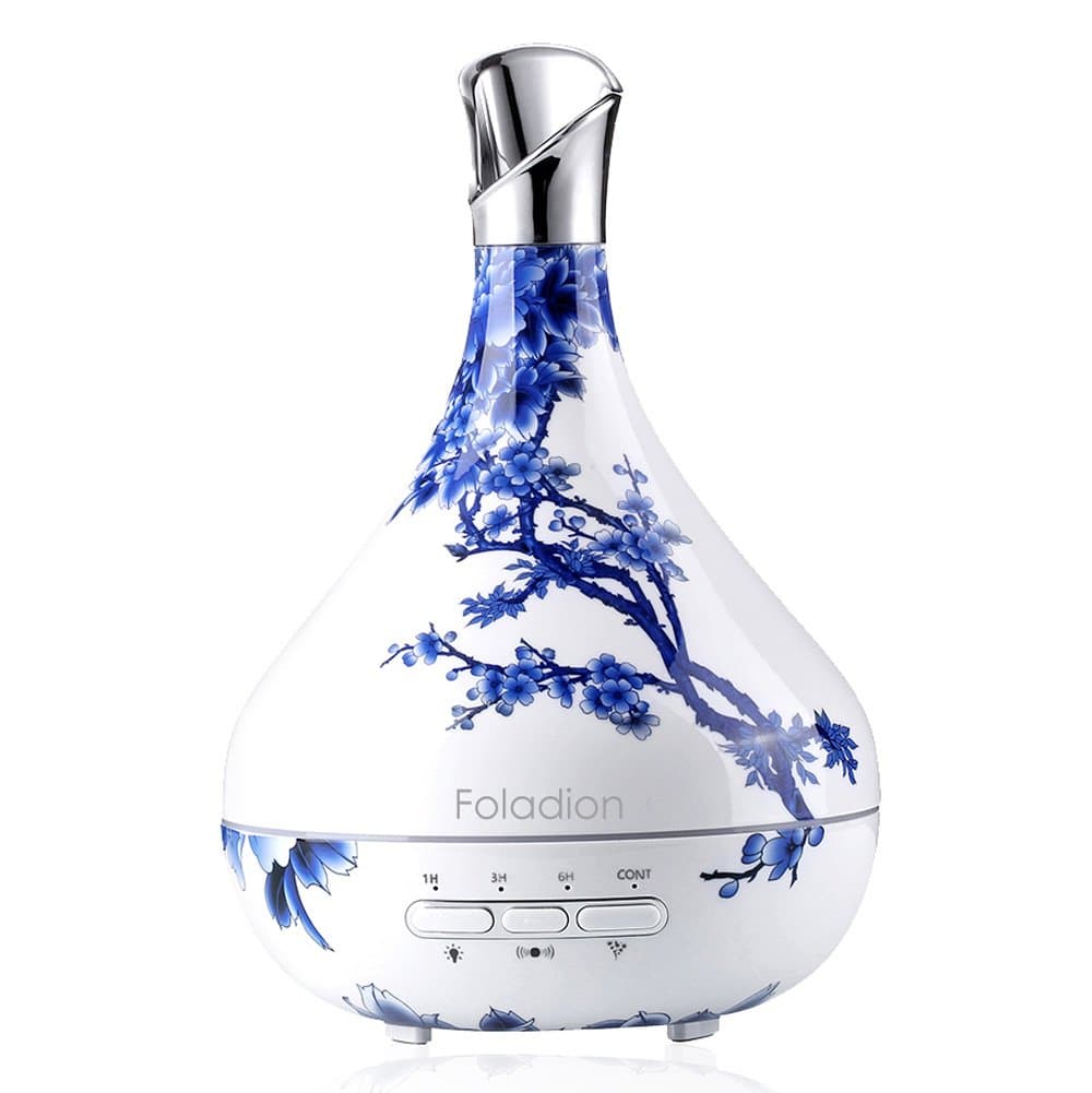 Foladion Smart Essential Oil Diffuser,300ml Cool Mist Humidifier,Body Induction Auto Control,15 Lighting Modes, Time Setting, Valentines Gift (Blue and White(300ml))