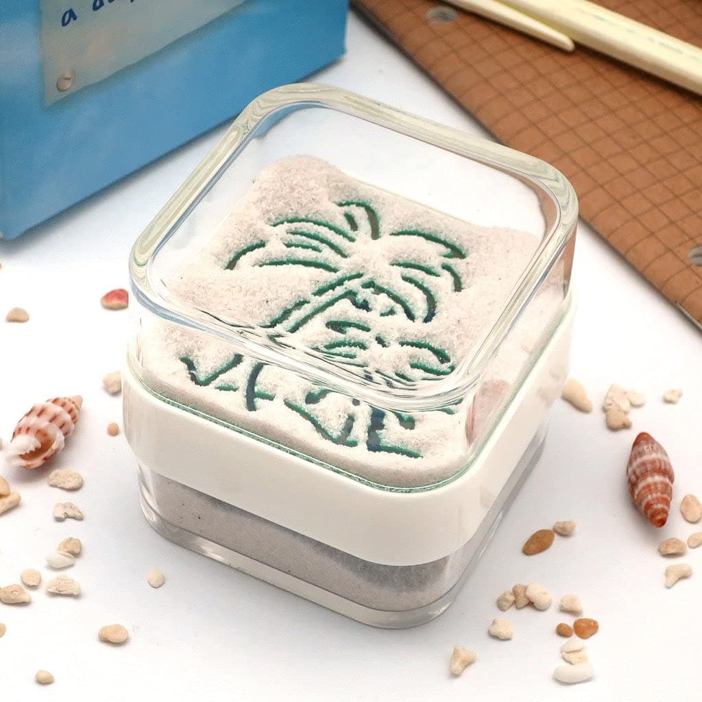 Sand & Shells Paperweight 2-1/8 inch Cube, Tropical Fish & Palm Tree, with Nature Beach Sand Foot Prints