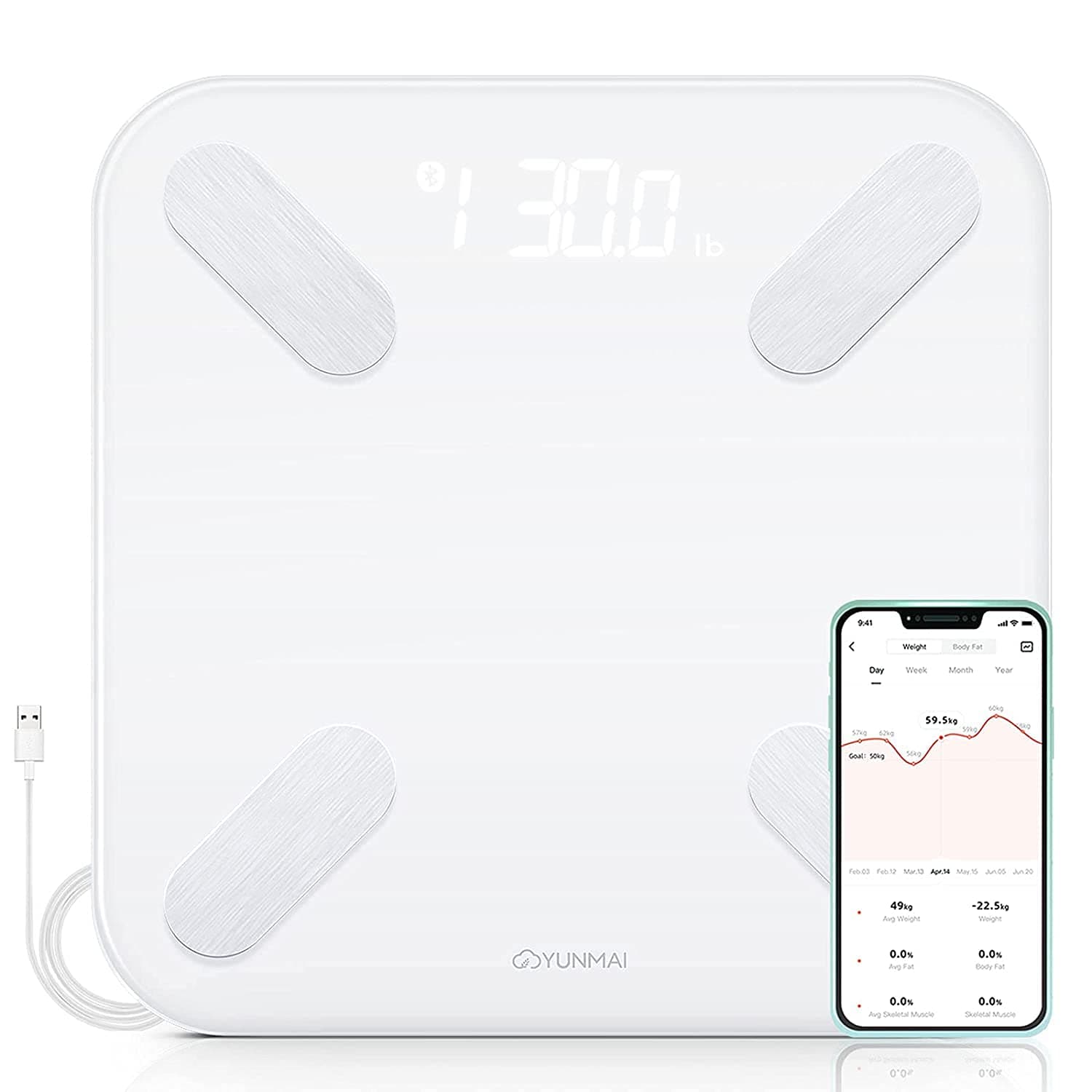 YUNMAI X M Smart Body Fat Scale USB Charging Bluetooth LED Display with 10 Datas Multi-User BMI Muscle Mass Monitor Free iOS and Android App (White)