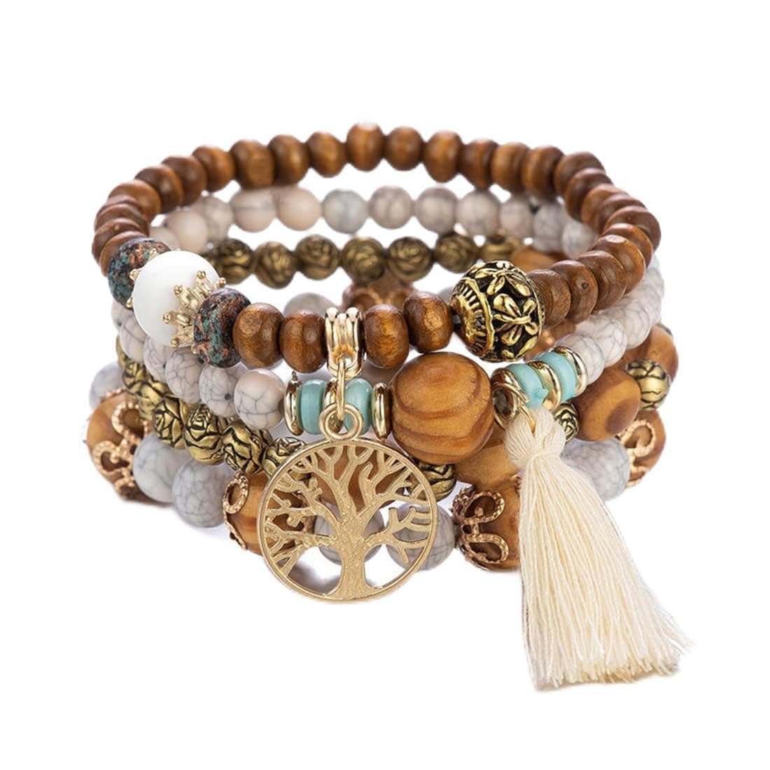 Boho Multi-Layer Wooden Beaded Bracelet, Elastic Tassel Bracelet - Tree Of Life Design, Women's Pack Of 4