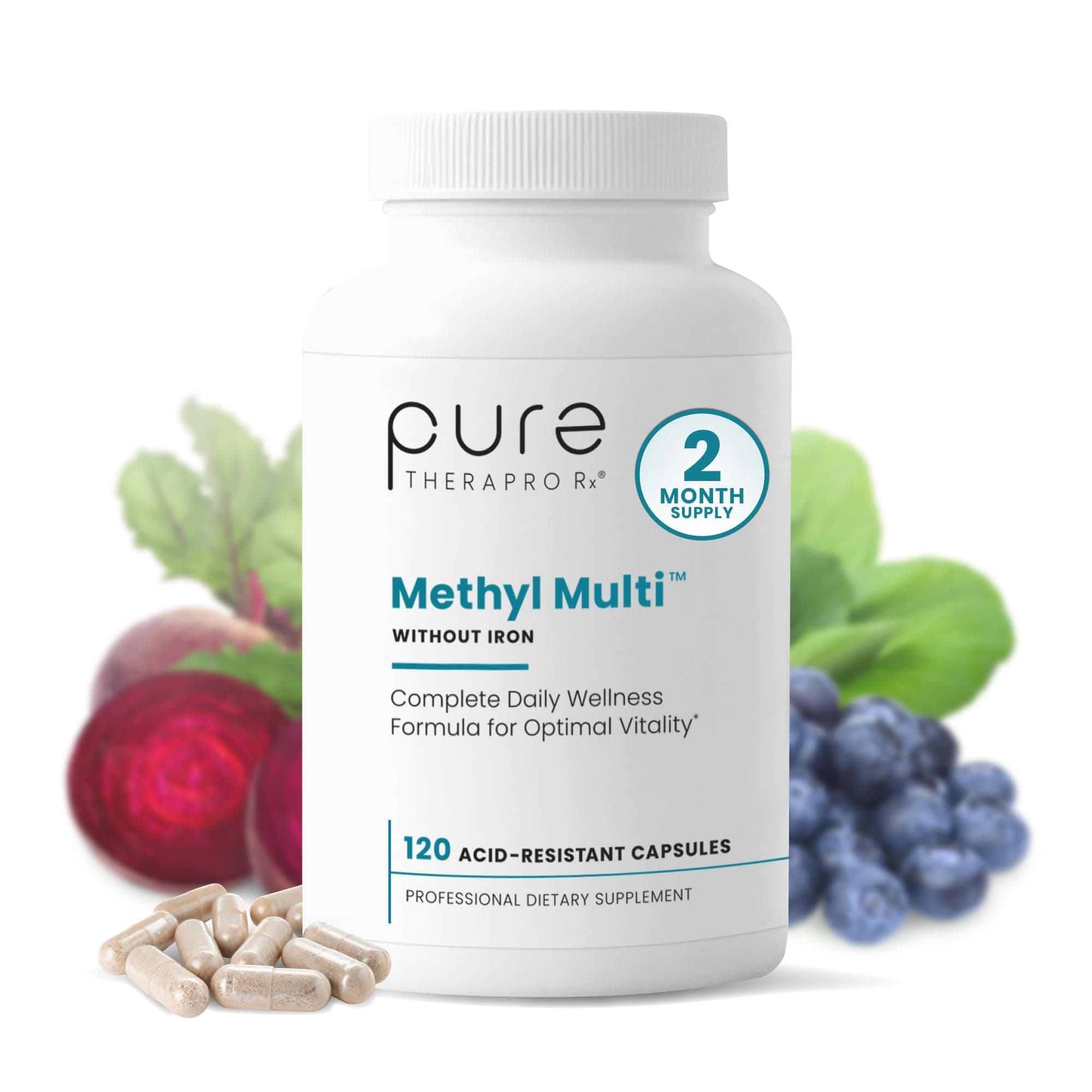 Methyl Multi Without Iron - 120 Vegan Capsules - 60 Day Supply - With Methyl B12 & MethylFolate as Quatrefolic (5-MTHF), Multivitamin & Multimineral Supplement Supports Total Body Health