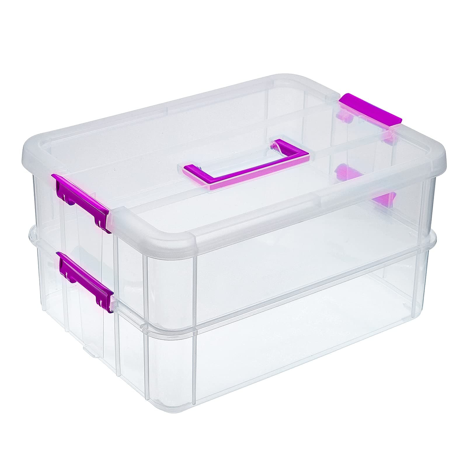 2 Layer Stack & Carry Box, Plastic Multipurpose Portable Storage Container Box Handled Organizer Storage Box for Organizing Stationery, Sewing, Art Craft, Jewelry and Beauty Supplies(Purple)