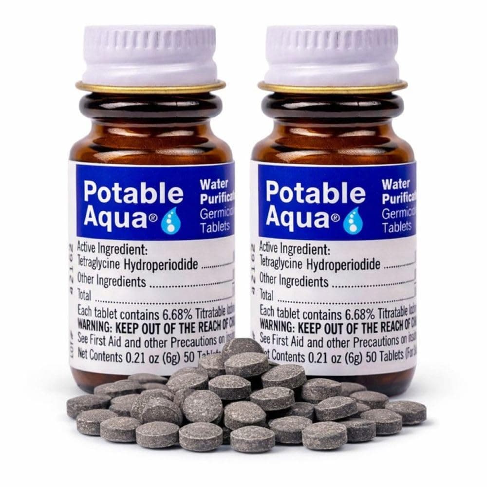 Potable Aqua Water Purification Tablets, Portable and Effective Water Purification Solution for Camping, Hiking, Emergencies, Natural Disasters and International Travel, Two 50ct Bottles