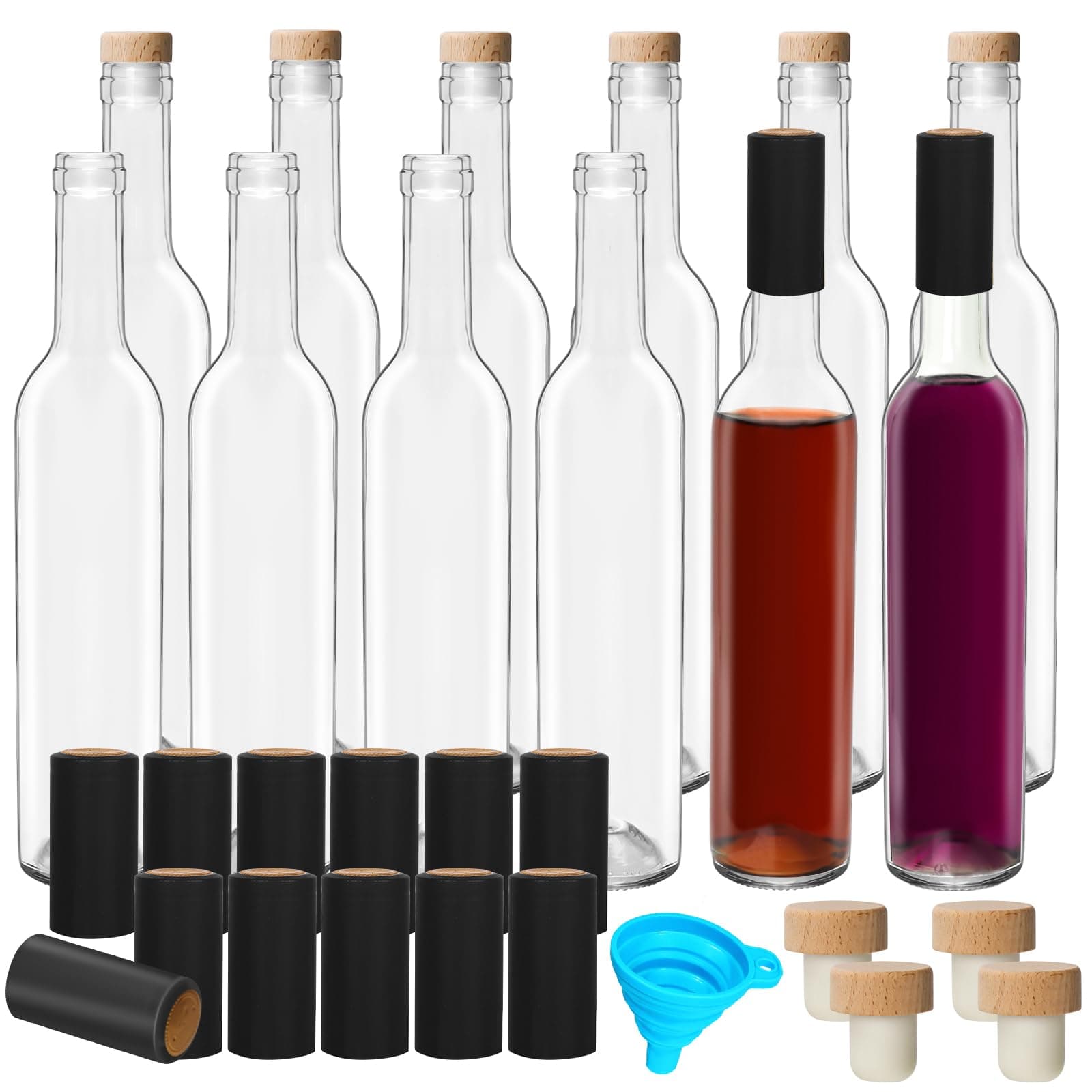 DHSBTLS 12 Pack 500 ml/16 oz Clear Glass Bottles With Wooden Cork Lids & Seal Shrink Capsules Caps, Home Brewing & Juicing Bottles For Bordeaux Wine, Beverage, Sparkling Wine, Kefir, Decor