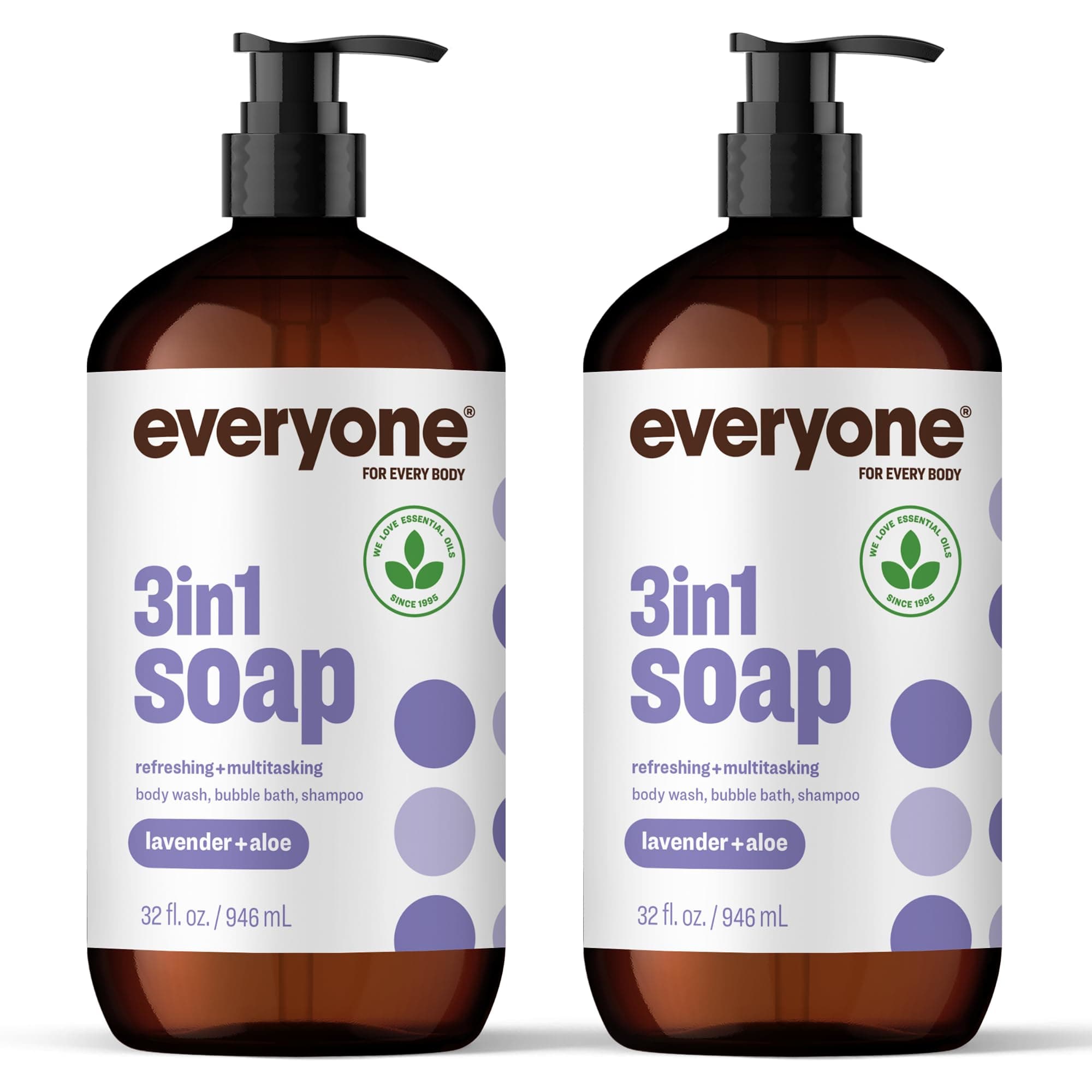Everyone 3-in-1 Soap, Body Wash, Bubble Bath, Shampoo, 32 Ounce (Pack of 2), Lavender and Aloe, made with Essential Oils for Men and Women