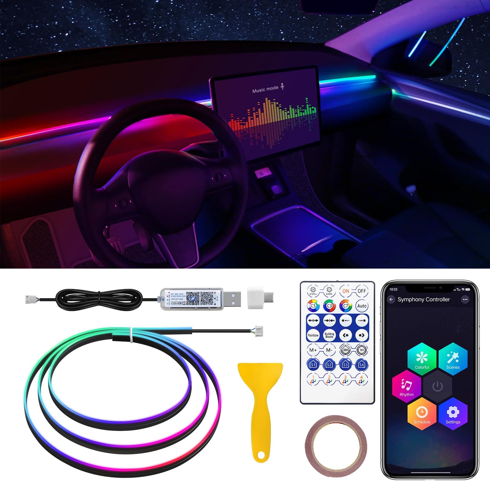 Dreamcolor Acrylic Interior Car LED Strip Light with USB/Type C, 47.24 inches Fiber Optic Tesla Ambient Lighting Kits, 16 Million Colors Sound Active Function for Tesla Model 3/Y/S/X