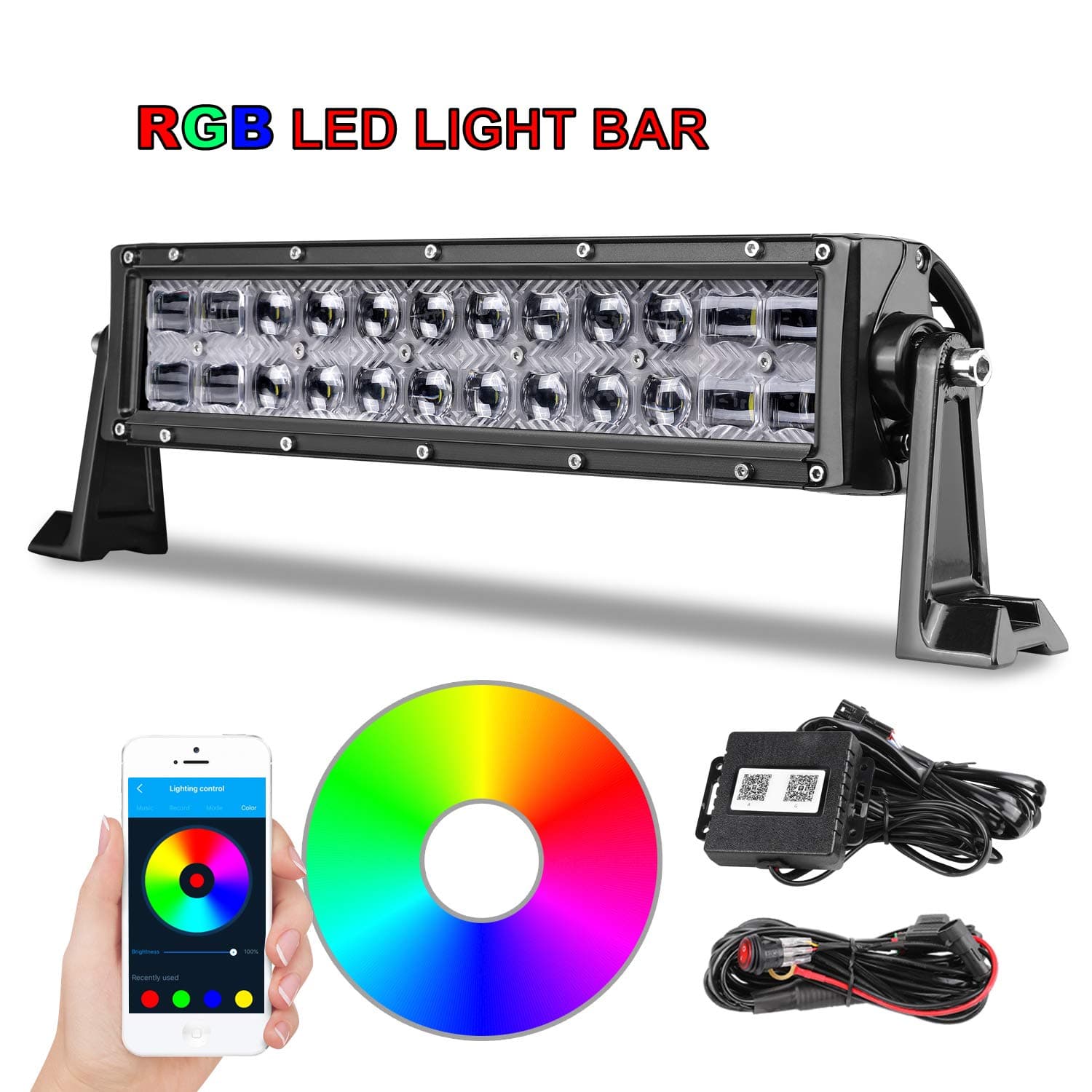 AKD Part 14 inch RGB LED Light Bar, 5D Multicolor Off Road LED Bar with Wiring Harness CREE Bluetooth APP Control LED Flood Spot Combo Light RGB for Truck ATV UTV SUV Marine Motorcycle
