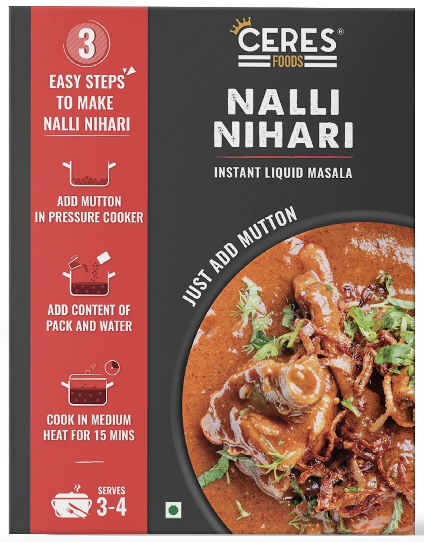Delhi Nalli Nihari Instant Liquid Masala |Mutton cooking paste| Curry Paste | Curry Mix | Shipped Fresh | Ceres Foods Nalli Nihari Ready to Cook Gravy | Masala |Mutton Masala|Meat Masala|Nihari Masala |Nihari Paste | Mughlai Masala | Easy to cook | 3 steps Recipe | Mutton Nihari Gravy | Mutton Masala | Ready in 15 Mins | Serves 4 | 21 spices | Authentic spices | No Preservatives, Colours or Artificial Flavours | 200g | Just add Mutton