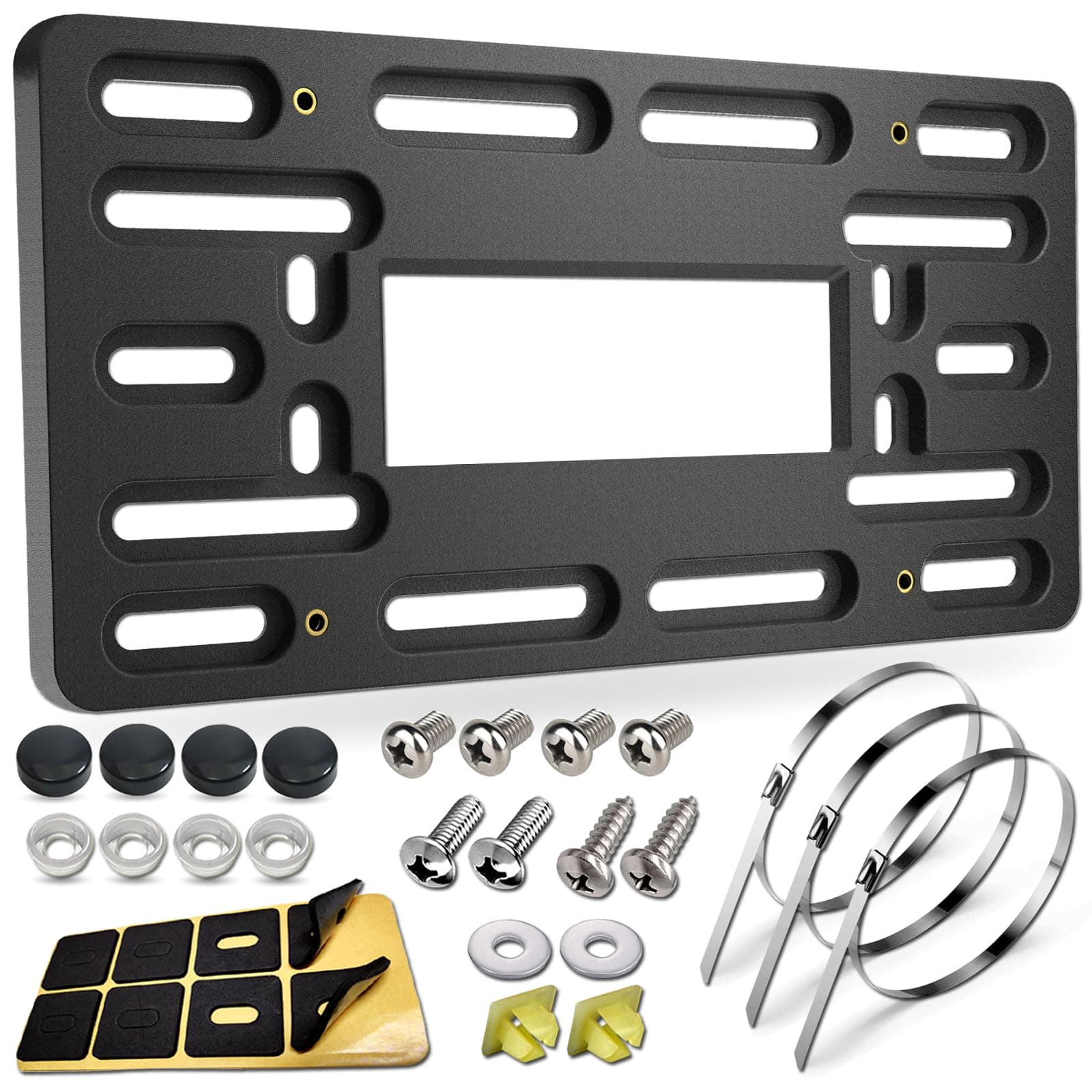 BGGTMO License Plate Bracket Holder- Front License Plate Mounting Kit, Universal Bumper Car Tag Frame Mount Adapter with Stainless Steel Screw Cap, Cable Ties