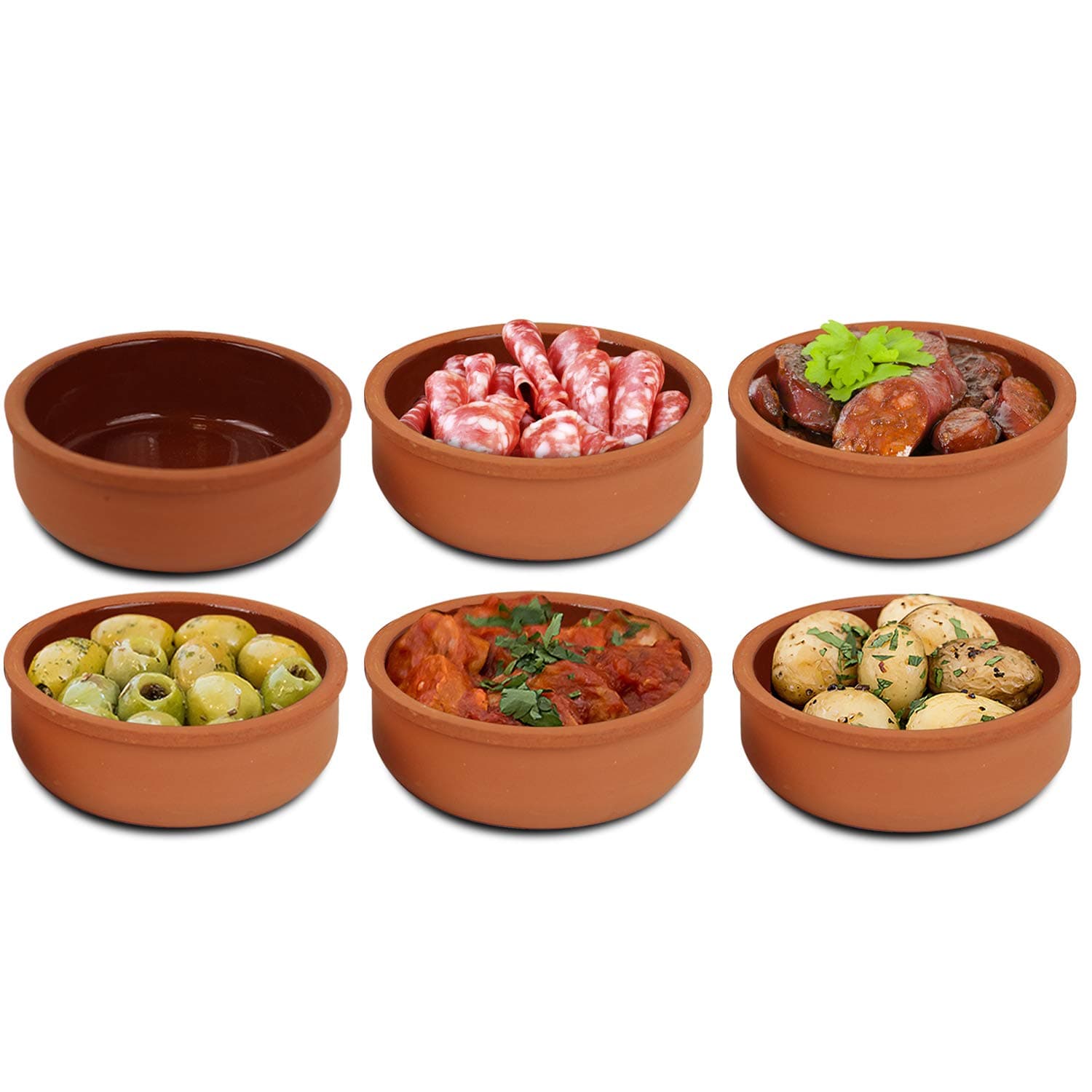 Set 3 Terracotta Tapas Dishes Glazed Spanish Serving Olive Starter 12cm Bowls (6)