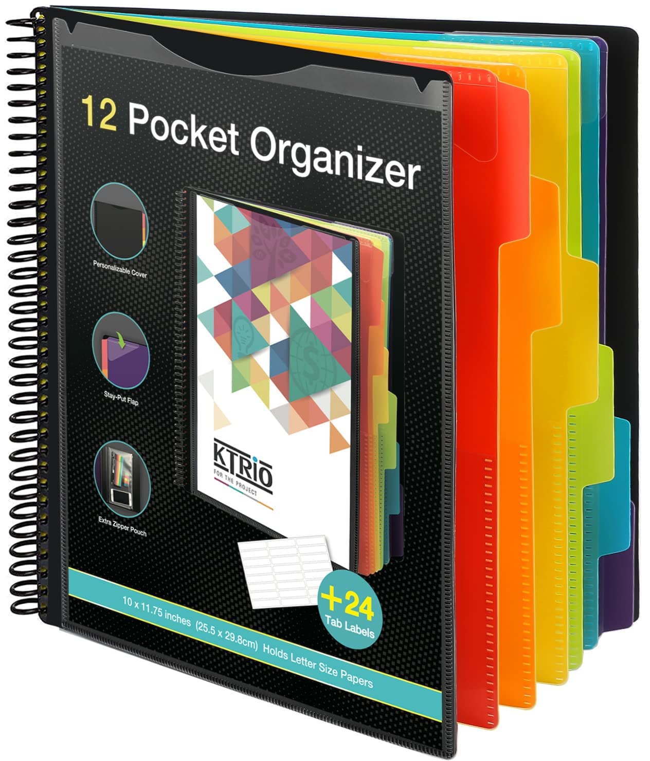 KTRIO 12 Pocket Poly Project Organizer, Letter Size Spiral Binder with Dividers & Zip Pouch, Water-Resistant Multi Pocket Folder for School, Office, Sheet Music & Project Docs