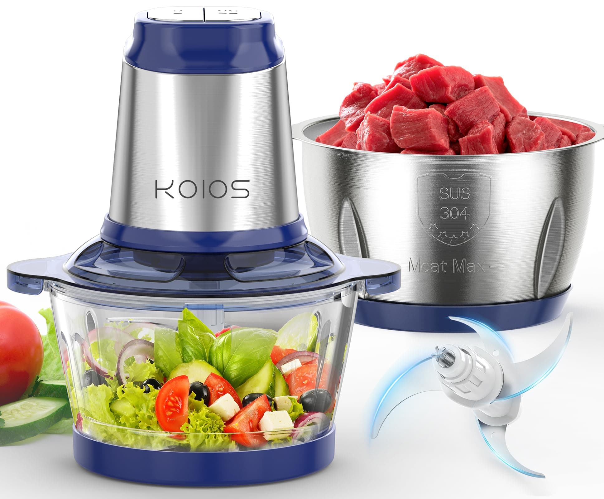 KOIOS 500W Powerful Electric Food Processor with 8 Cup Stainless Steel & Glass Bowls, 2 Speed Mode Electric Food Chopper with 2 Sets Blades Meat Grinder Chopper for Family & Baby Use