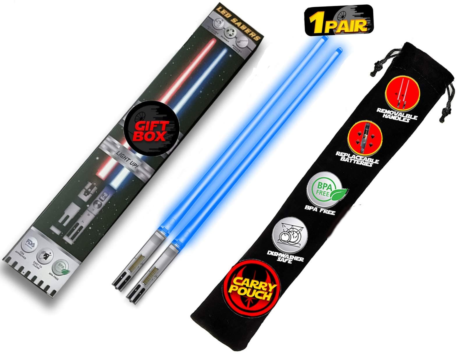 Saber Chops Lightticks Light UP Star Wars LED Glowing Light Sticks Reusable Sushi Lightup s - Removable Handle Dishwasher Safe - Premium Gift Box & Carry CASE Included - Blue 1 Pair