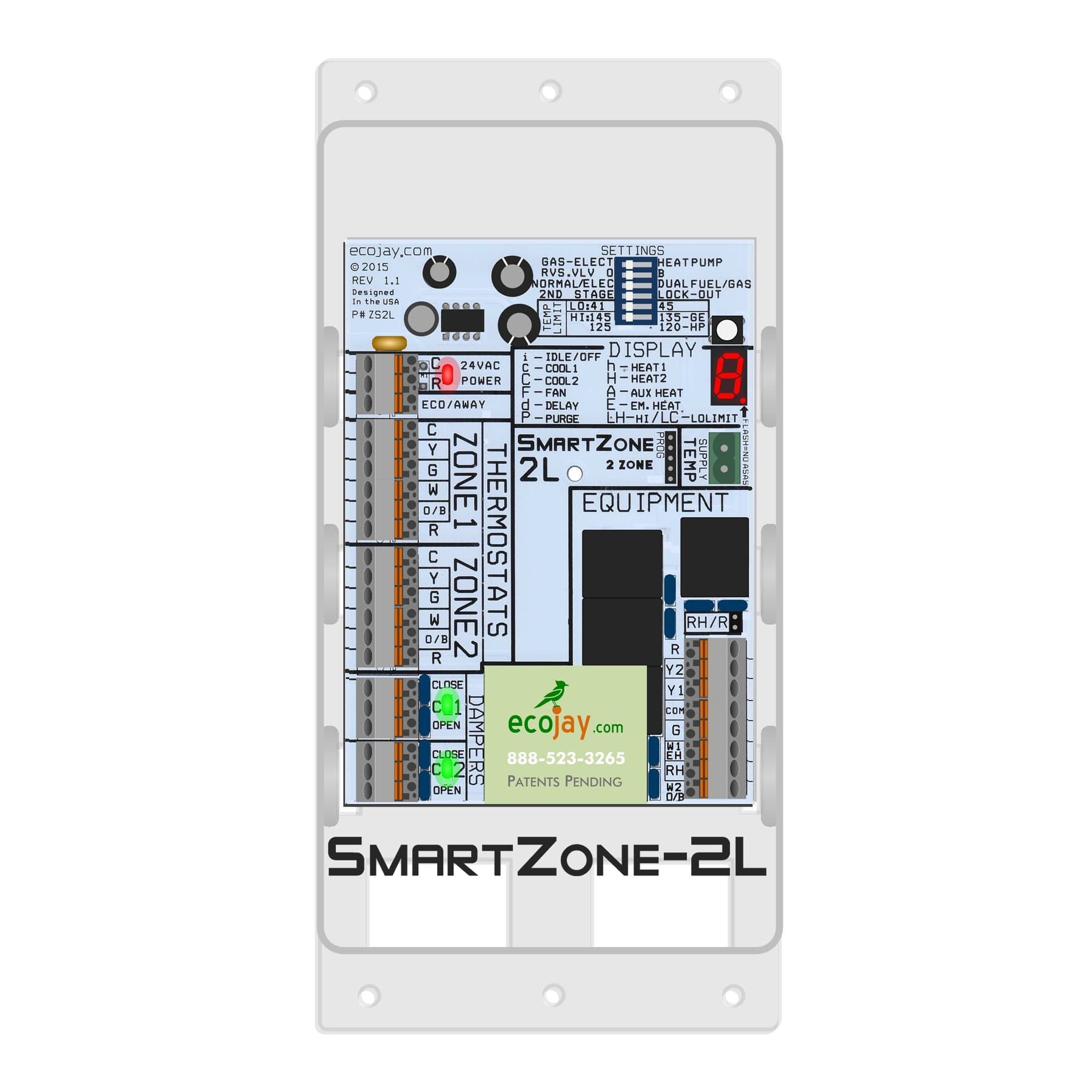 ECOJAY SmartZone SmartZone-2L: 2 Zone Controller KIT w/ Temperature Sensor - Replace Honewell, EWC, ZoneFirst HVAC Zone Control Panels