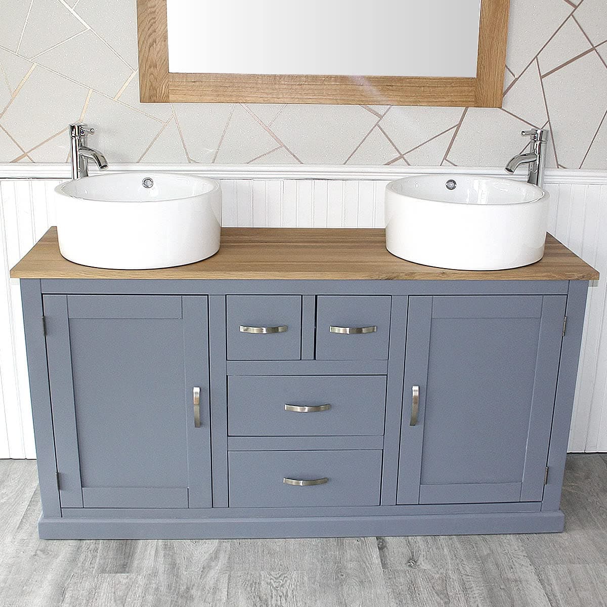 Wooden Bathroom Vanity Unit with 2 Ceramic Basins - Modern Bathroom Sink Cabinet with Drawers - Double Vanity Unit with Chromed Mixer Taps - Grey Painted - Straight Sided Bowl (603GCB026X2)
