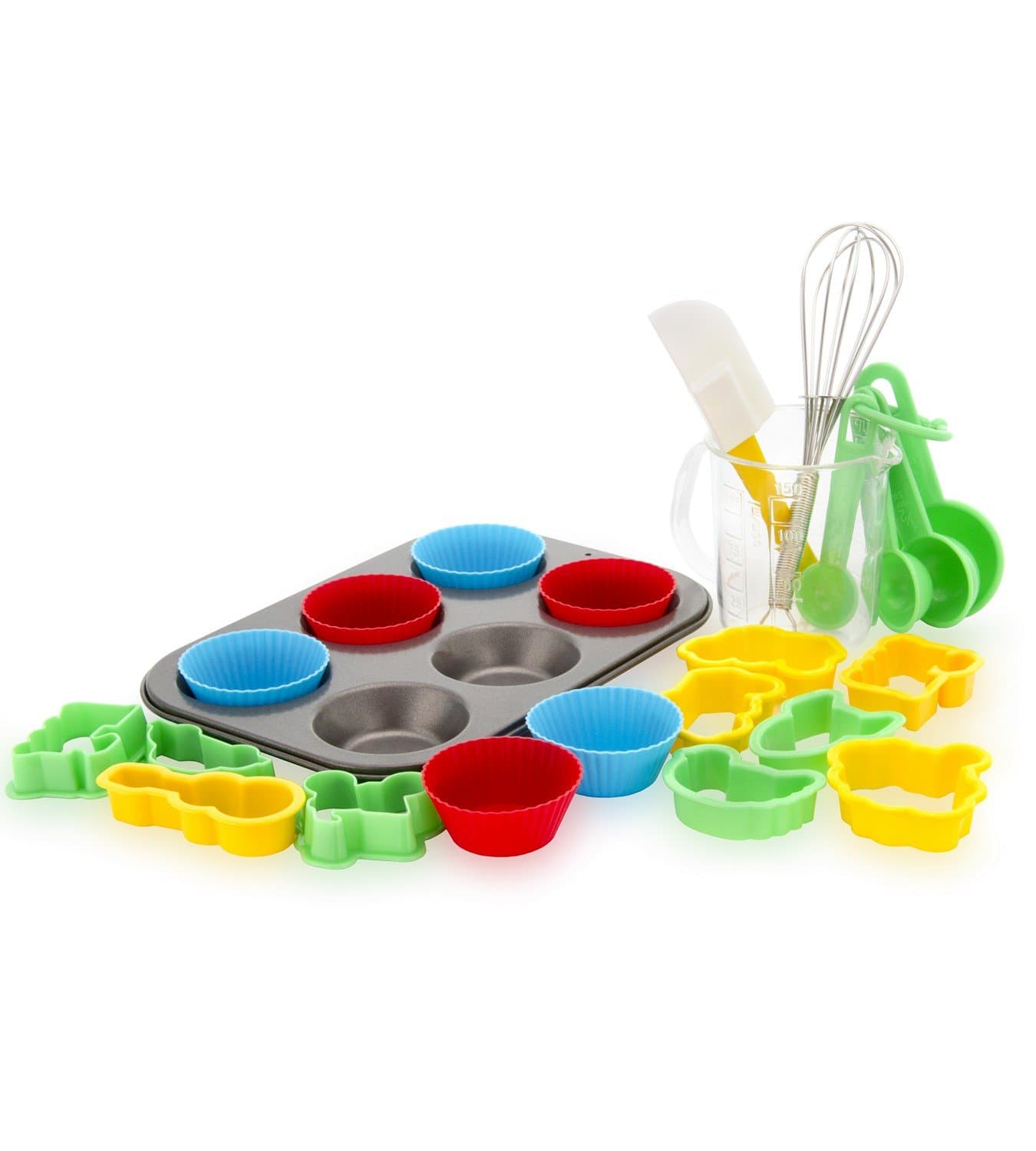 24-Piece Kids Baking Set by Boxiki Kitchen | Muffin Pan, 6 Silicone Cupcake Liners, 10 Cookie Cutters, Spatula, Egg Whisk, Mini Measuring Cup and 4 Measuring Spoons