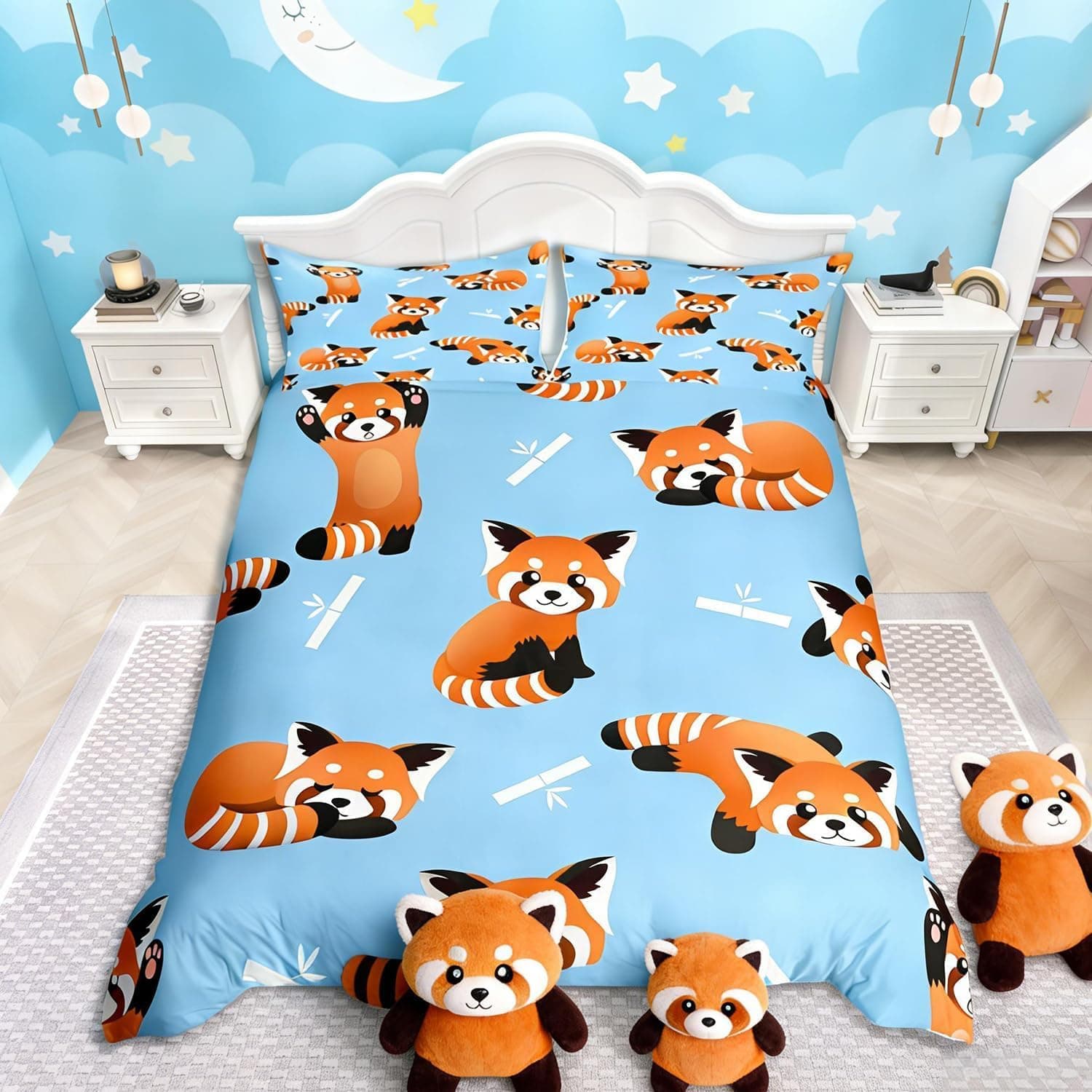 Loussiesd Red Panda Bedding Set Cute Animal Pattern Comforter Cover for Kids Boys Girls Cartoon Panda Printed Duvet Cover Wildlife Style Quilt Cover Child Bedroom Decor 2Pcs Single Size Blue
