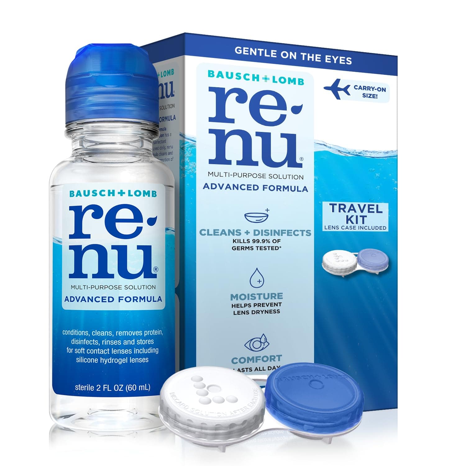 Renu Contact Lens Solution, Advanced Formula, Multi-Purpose Solution with Lens Case, Travel Kit, Gently Cleans, Disinfects, Moisturizes & Hydrates Soft Lenses for All-Day Comfort, 2 FL Oz