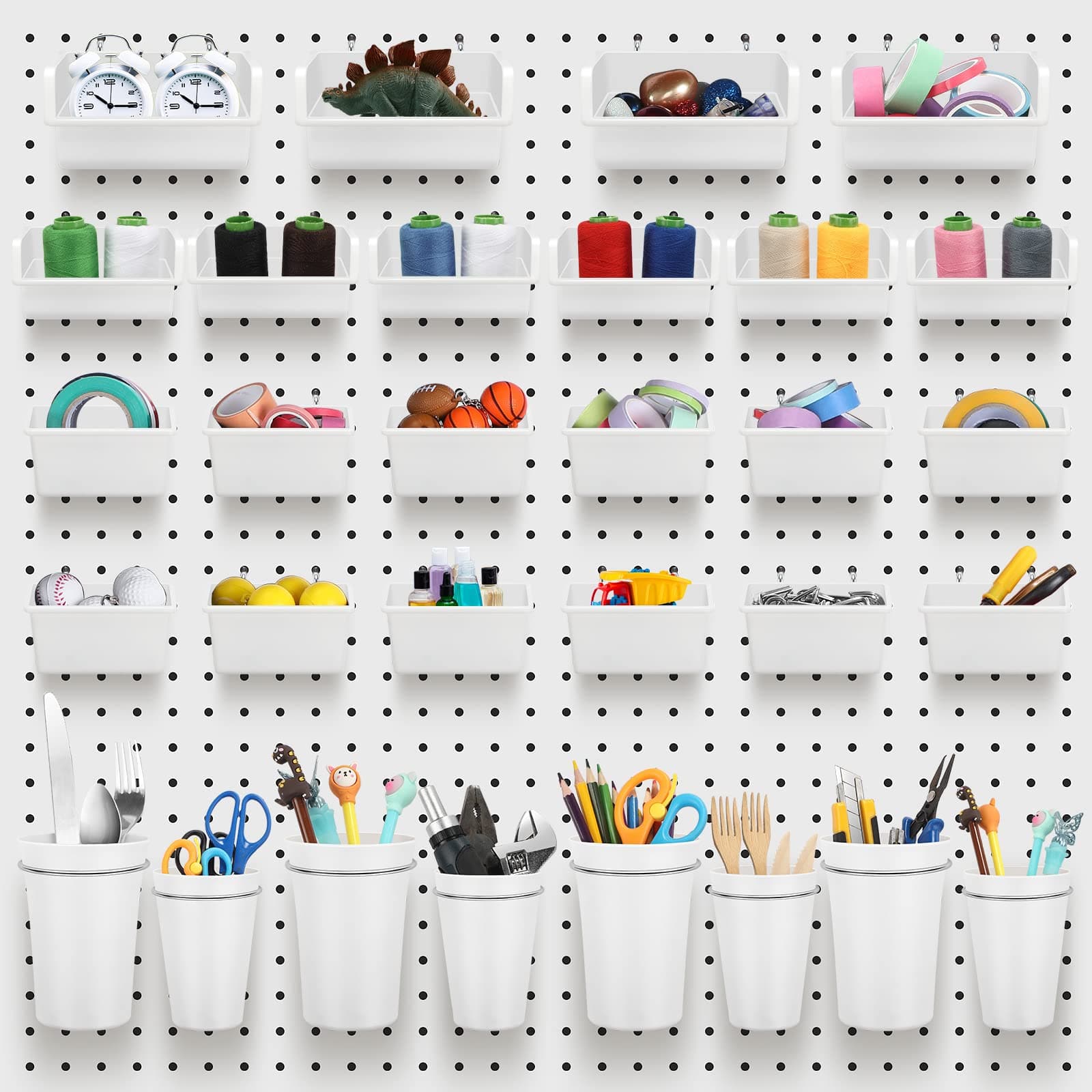 Roowest 60 Pcs Pegboard Cups Pegboard Bins Set, Wall Organizer with Hooks and Loops, Hooks Assortment Organizer Accessory for Office Storage Garage Craft Workshop(White)